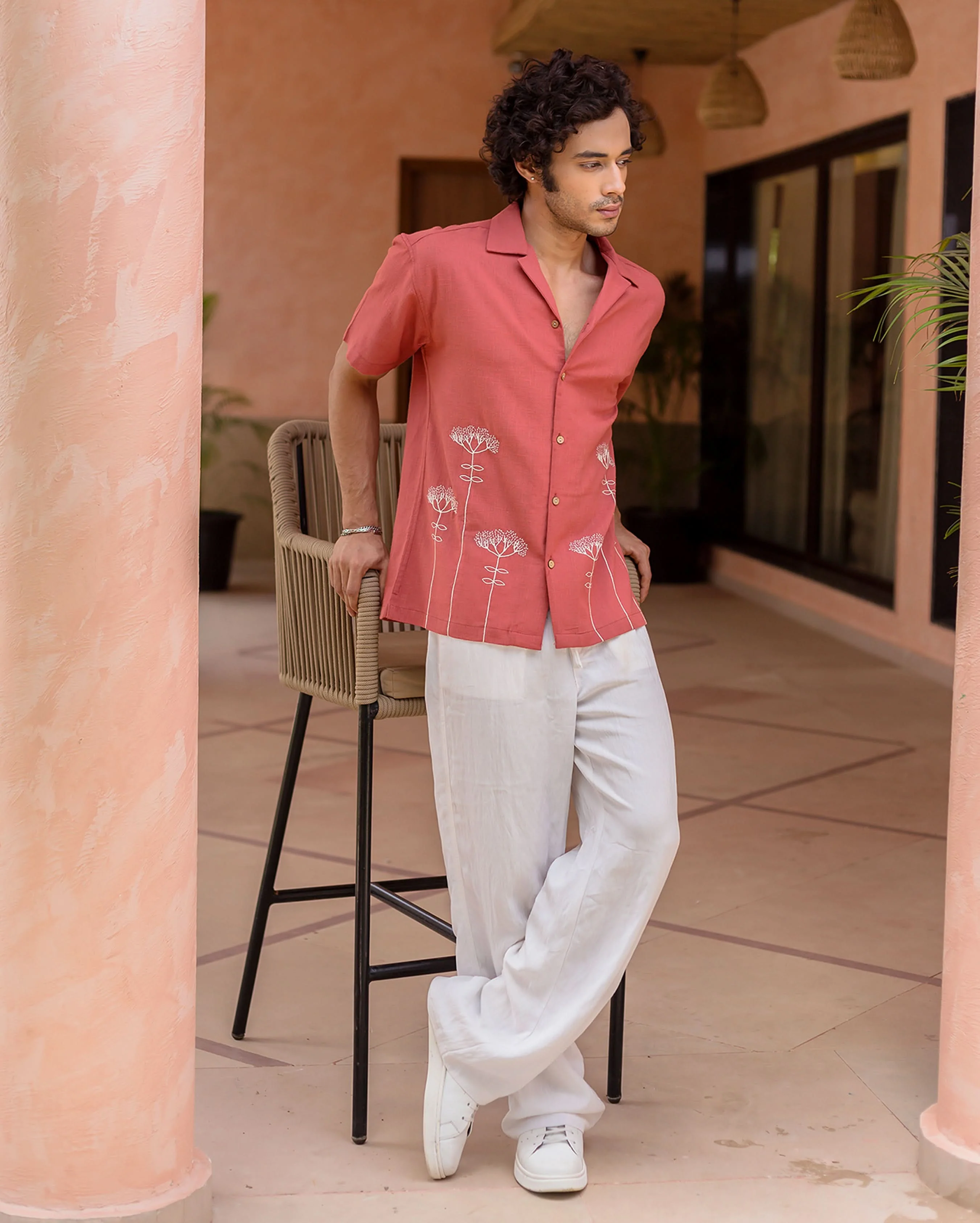 Brick Red Embroidered Slub Shirt - Image 3