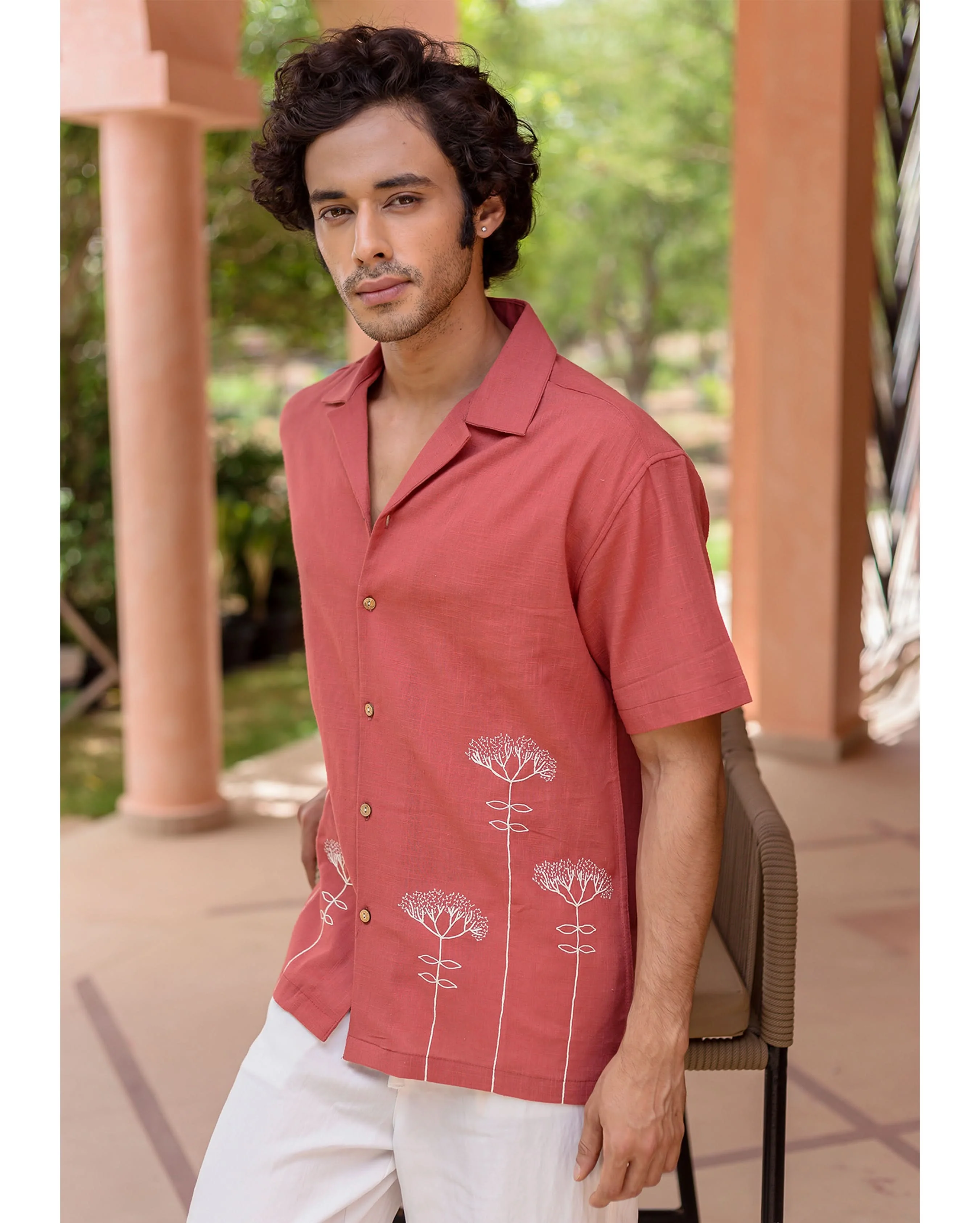 Brick Red Embroidered Slub Shirt - Image 4
