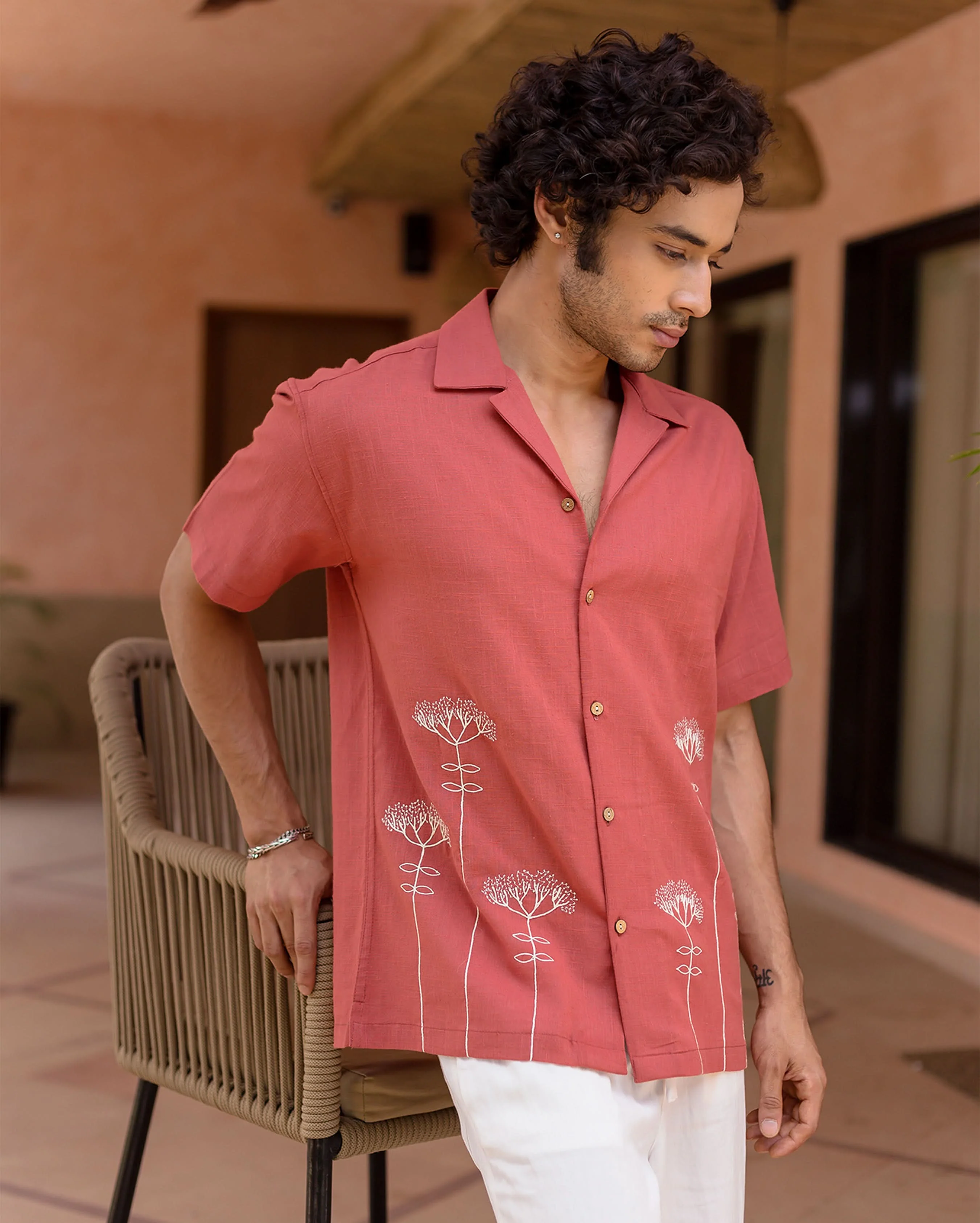 Brick Red Embroidered Slub Shirt - Image 5