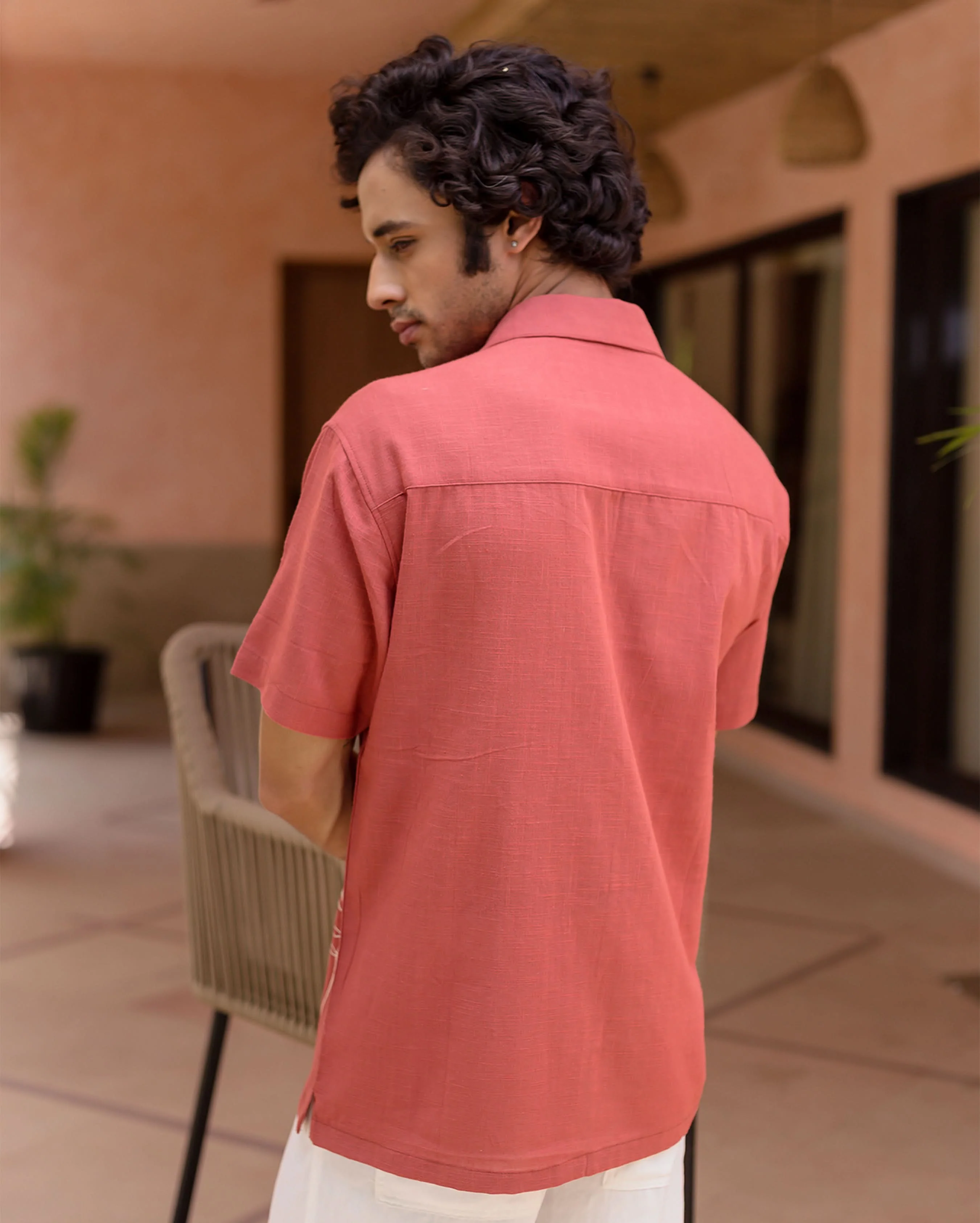 Brick Red Embroidered Slub Shirt - Image 7