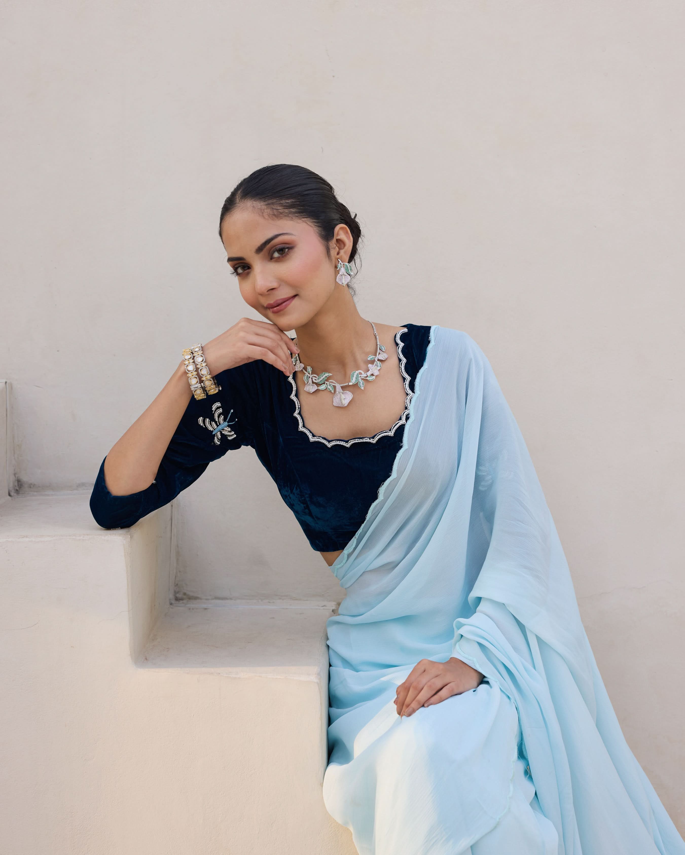 Butterfly Luxe Blue Velvet Embroidered Blouse - Image 3