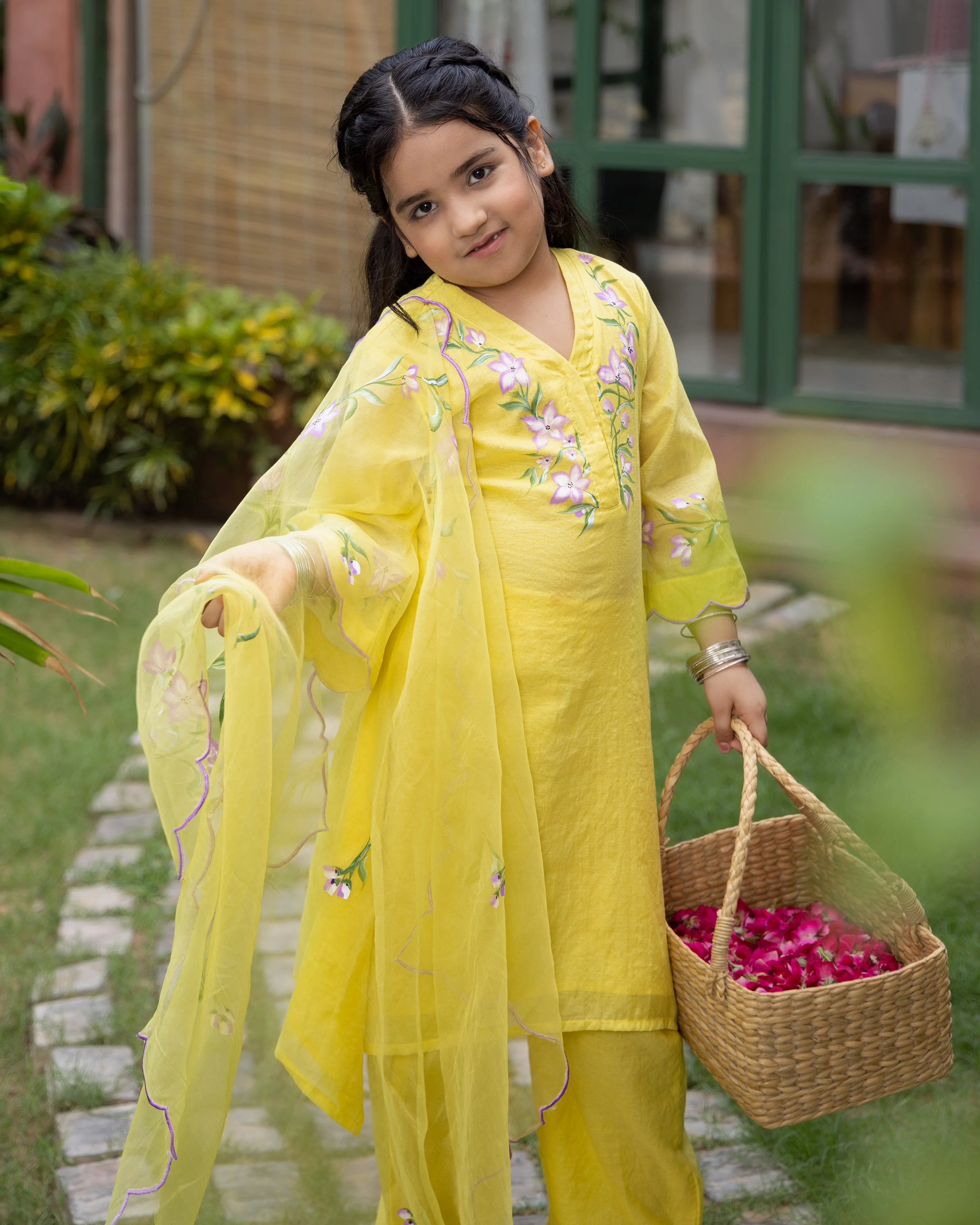 Calendula Yellow Handpainted Chanderi Suit Set - Image 2