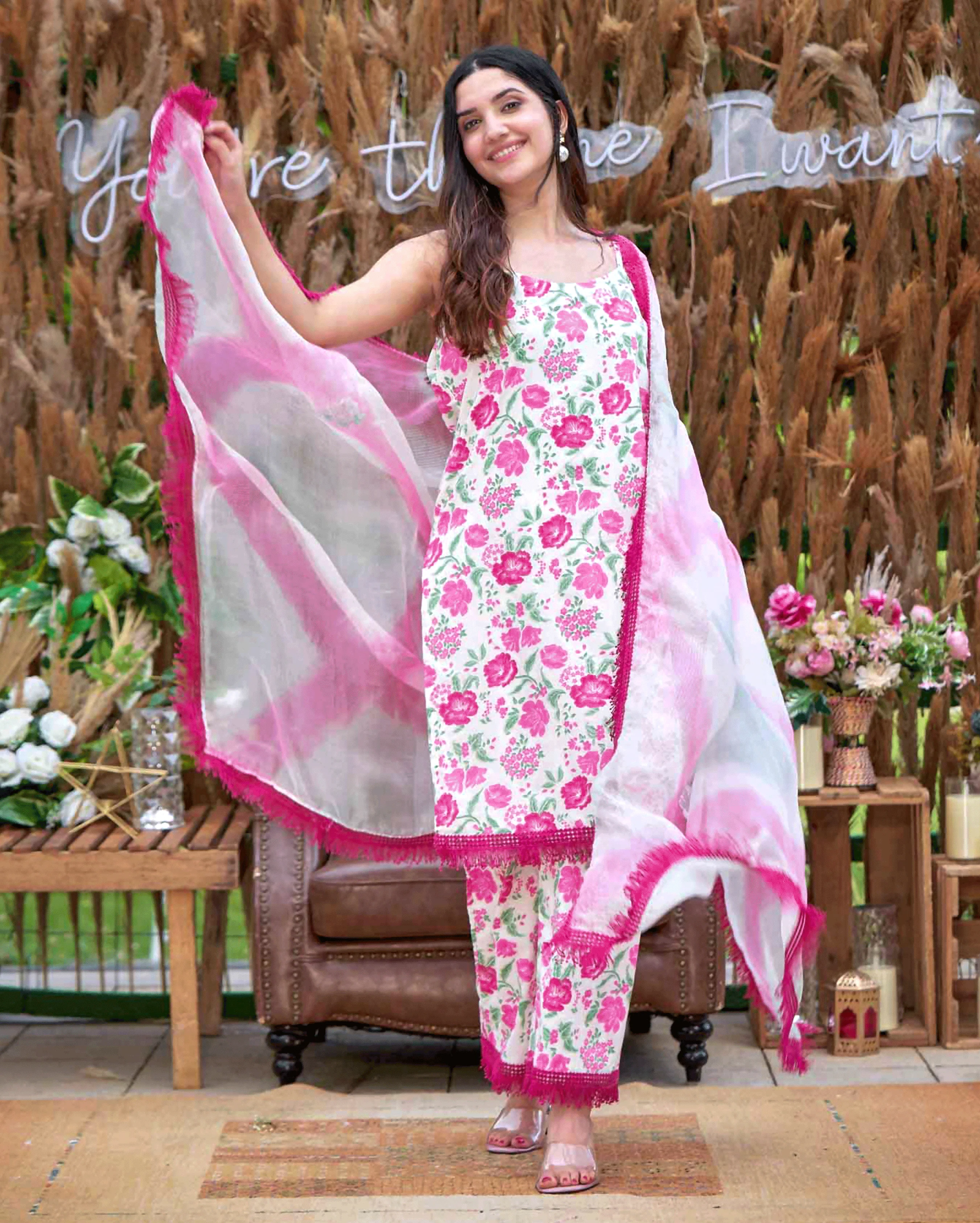 Carnation Pink Printed Cotton Suit Set - Image 3