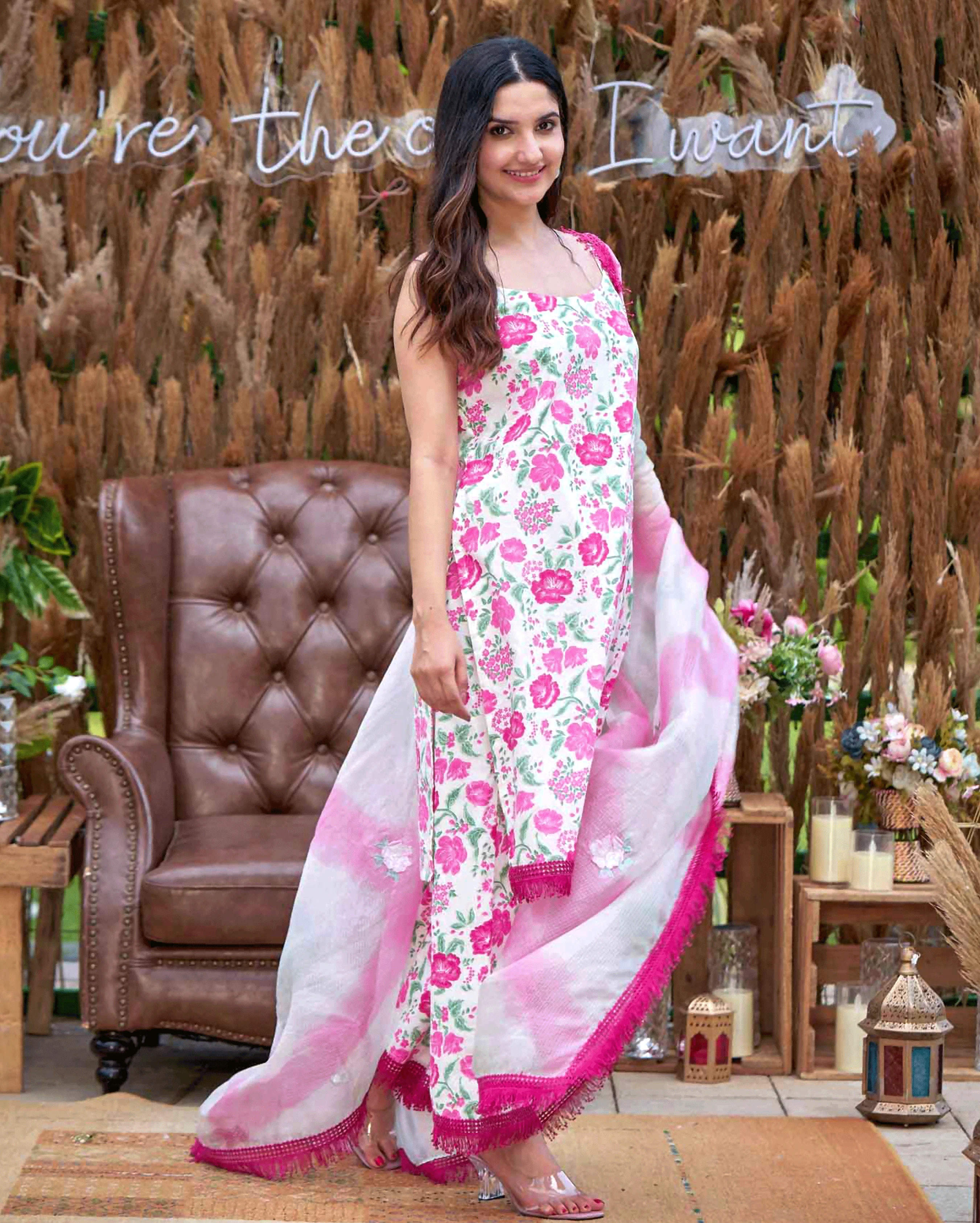 Carnation Pink Printed Cotton Suit Set - Image 4