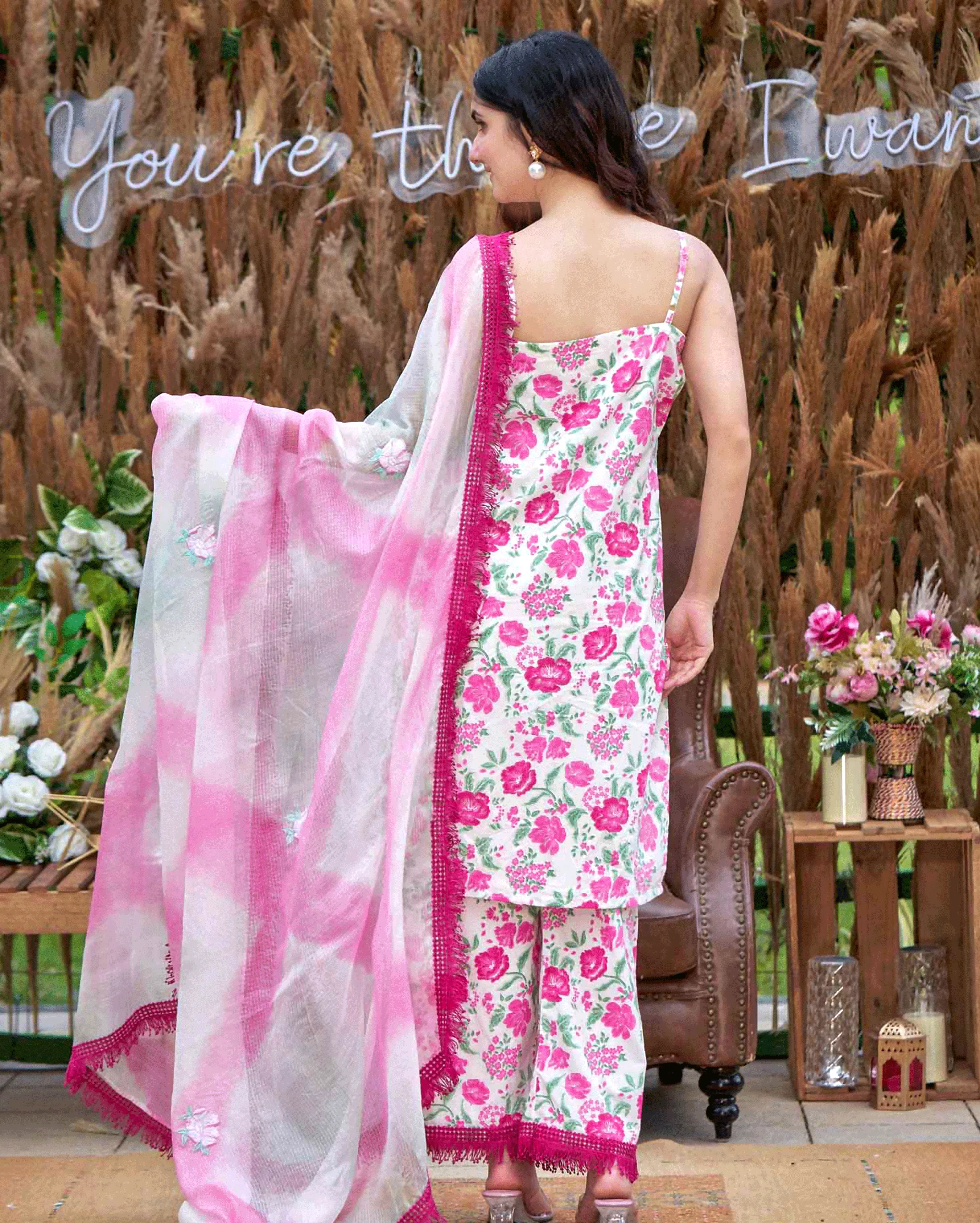 Carnation Pink Printed Cotton Suit Set - Image 5