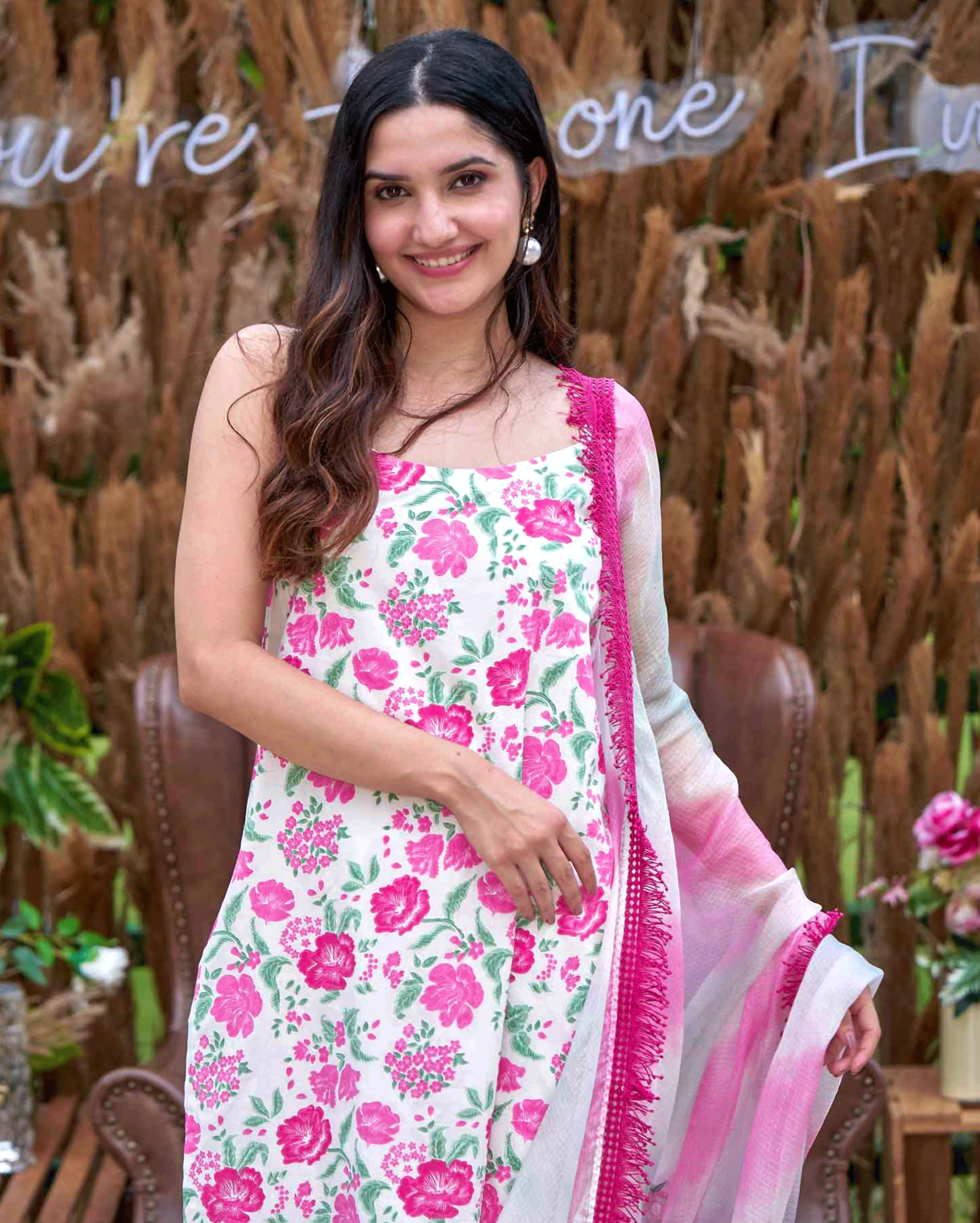 Carnation Pink Printed Cotton Suit Set - Image 6