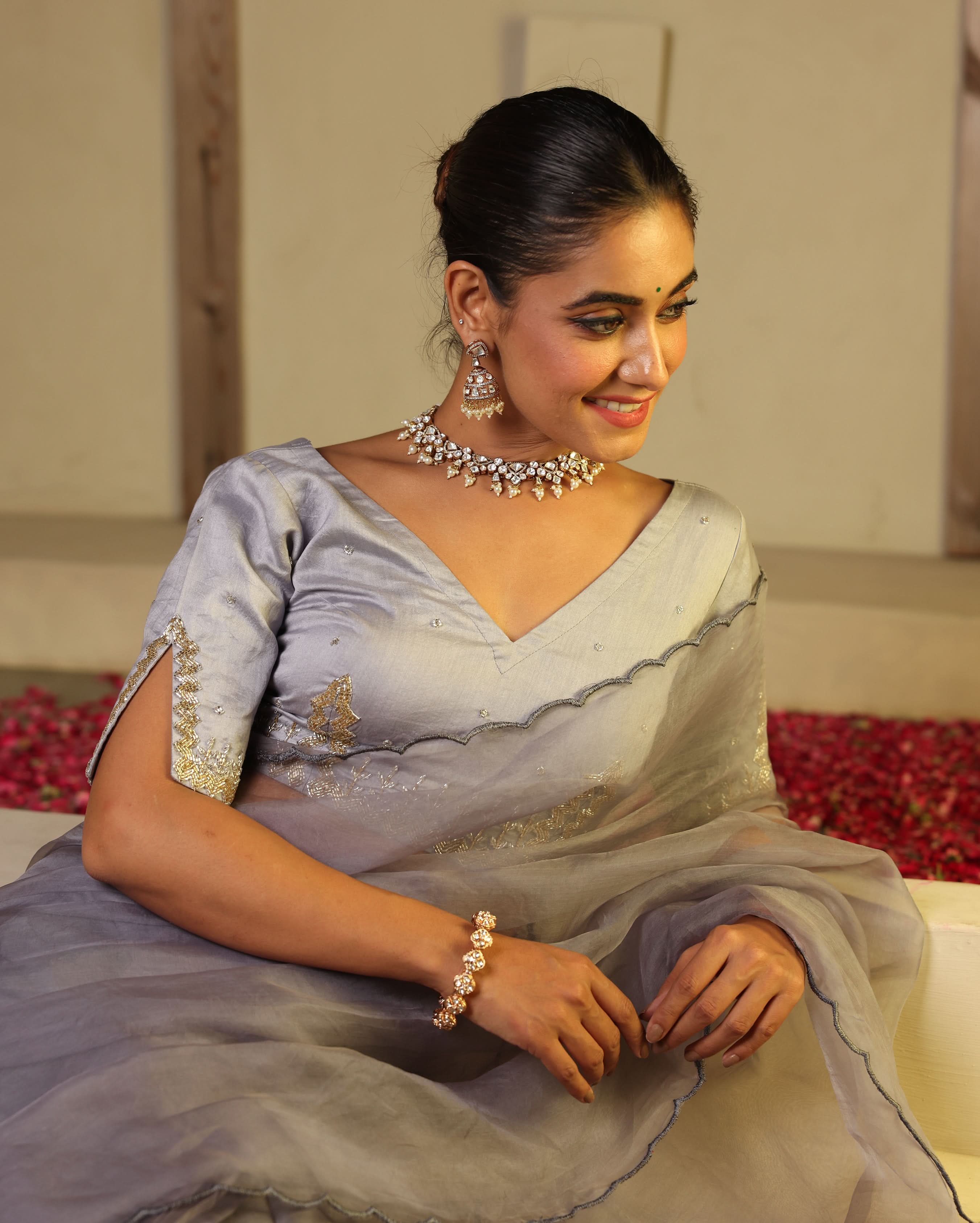 Chhavi Grey Chanderi Embroidered Blouse - Image 2
