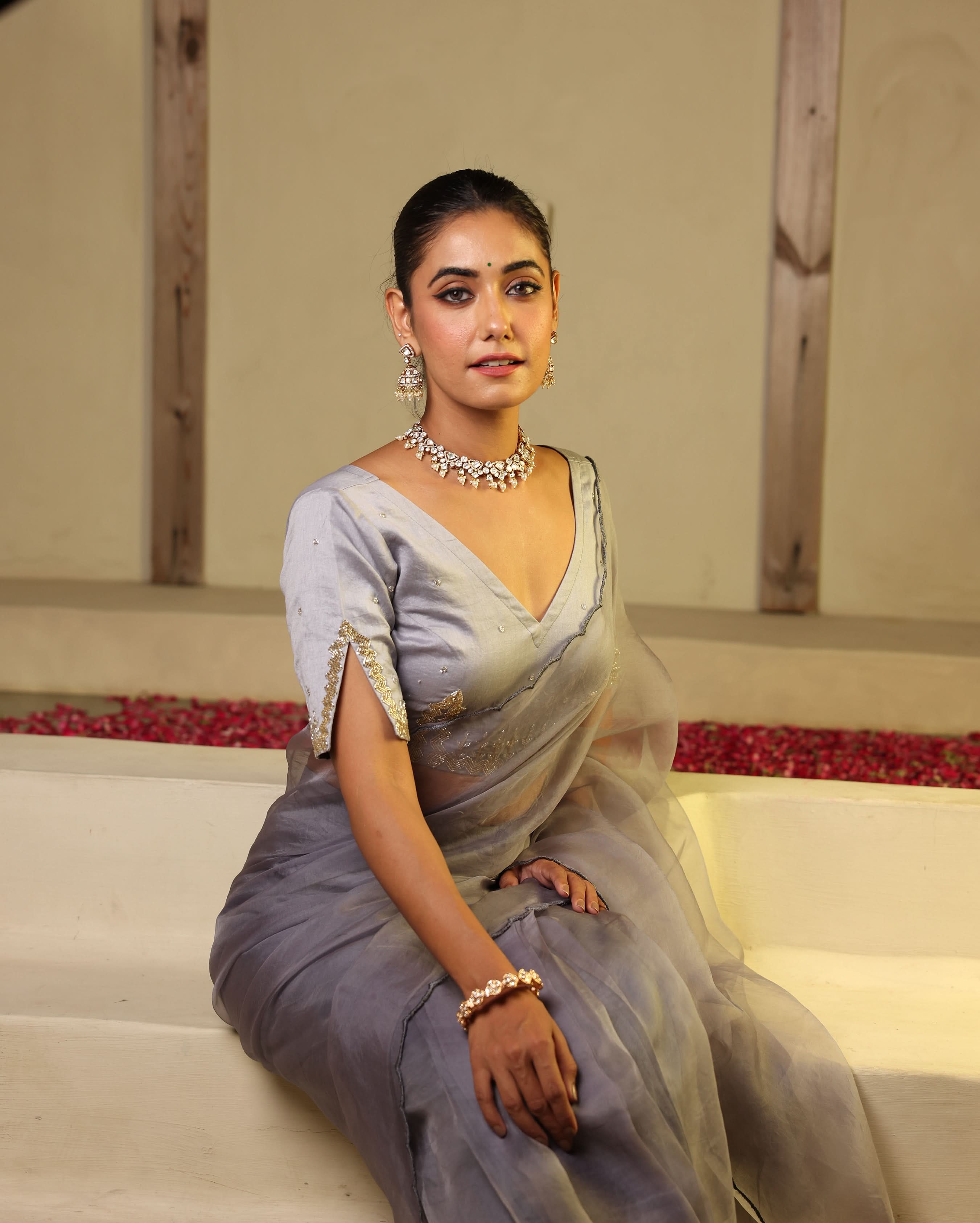 Chhavi Grey Chanderi Embroidered Blouse - Image 6