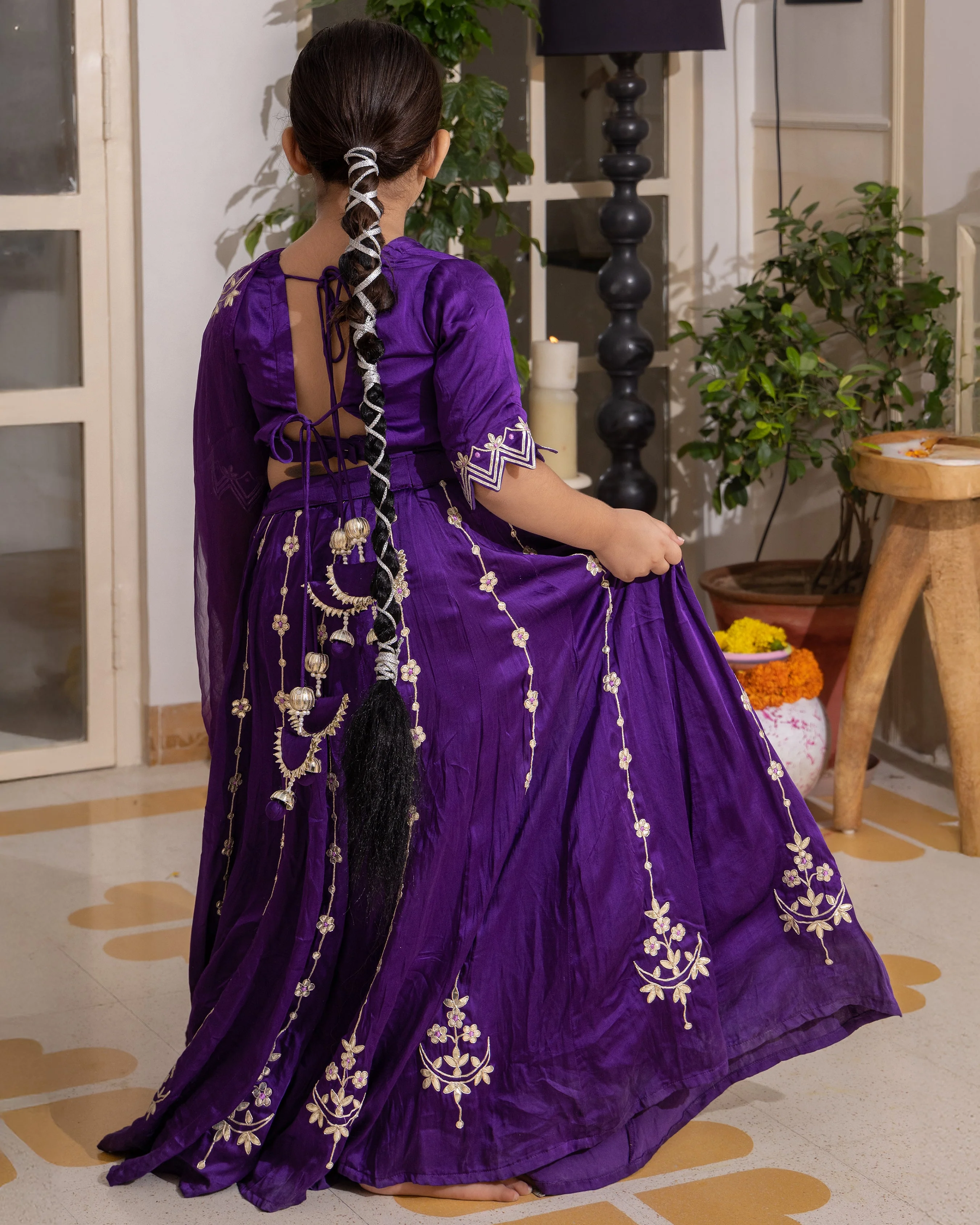 Chiku Purple Solid Satin Lehenga Set - Image 6