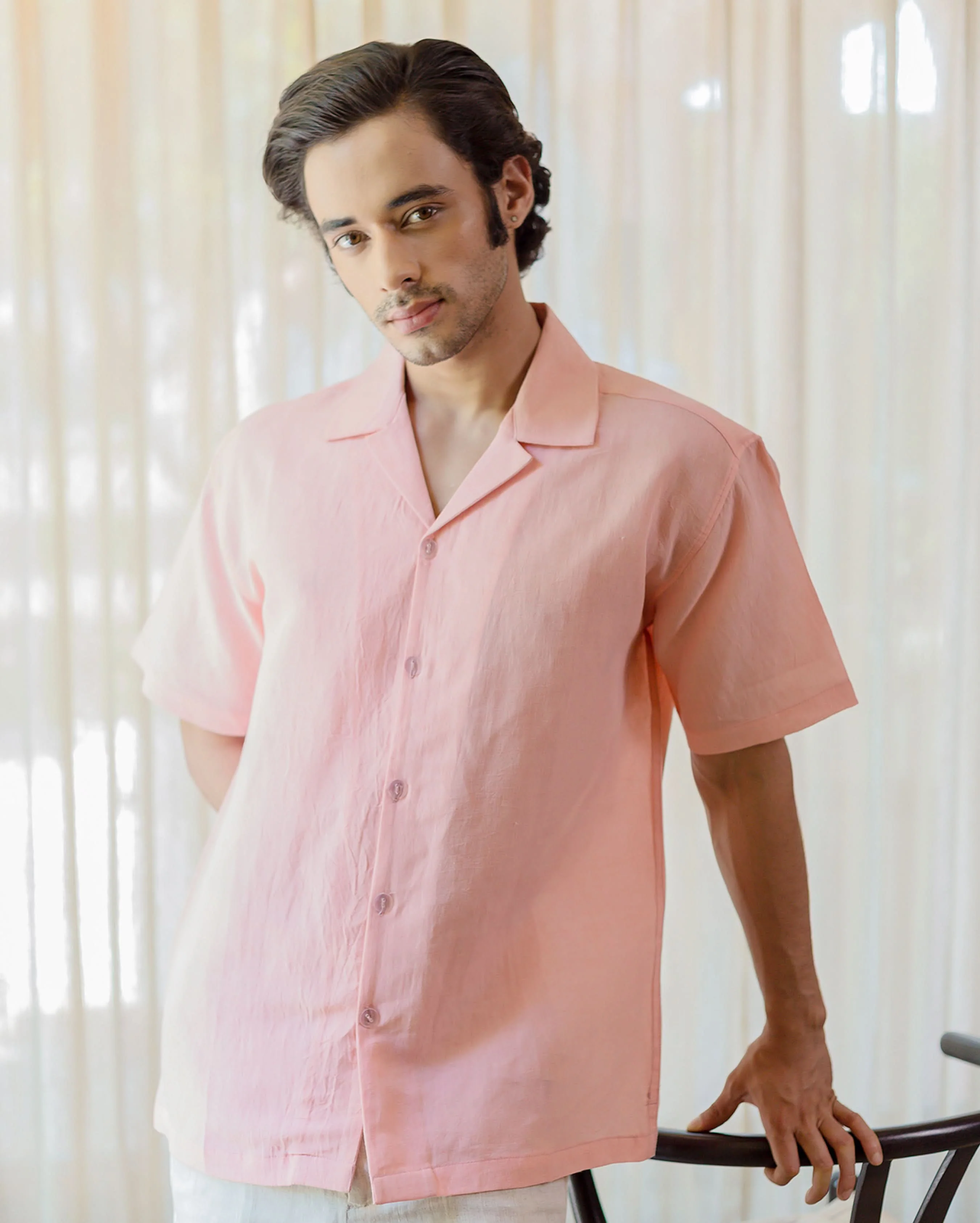 Coral Almond Peach Linen Solid Shirt - Image 2