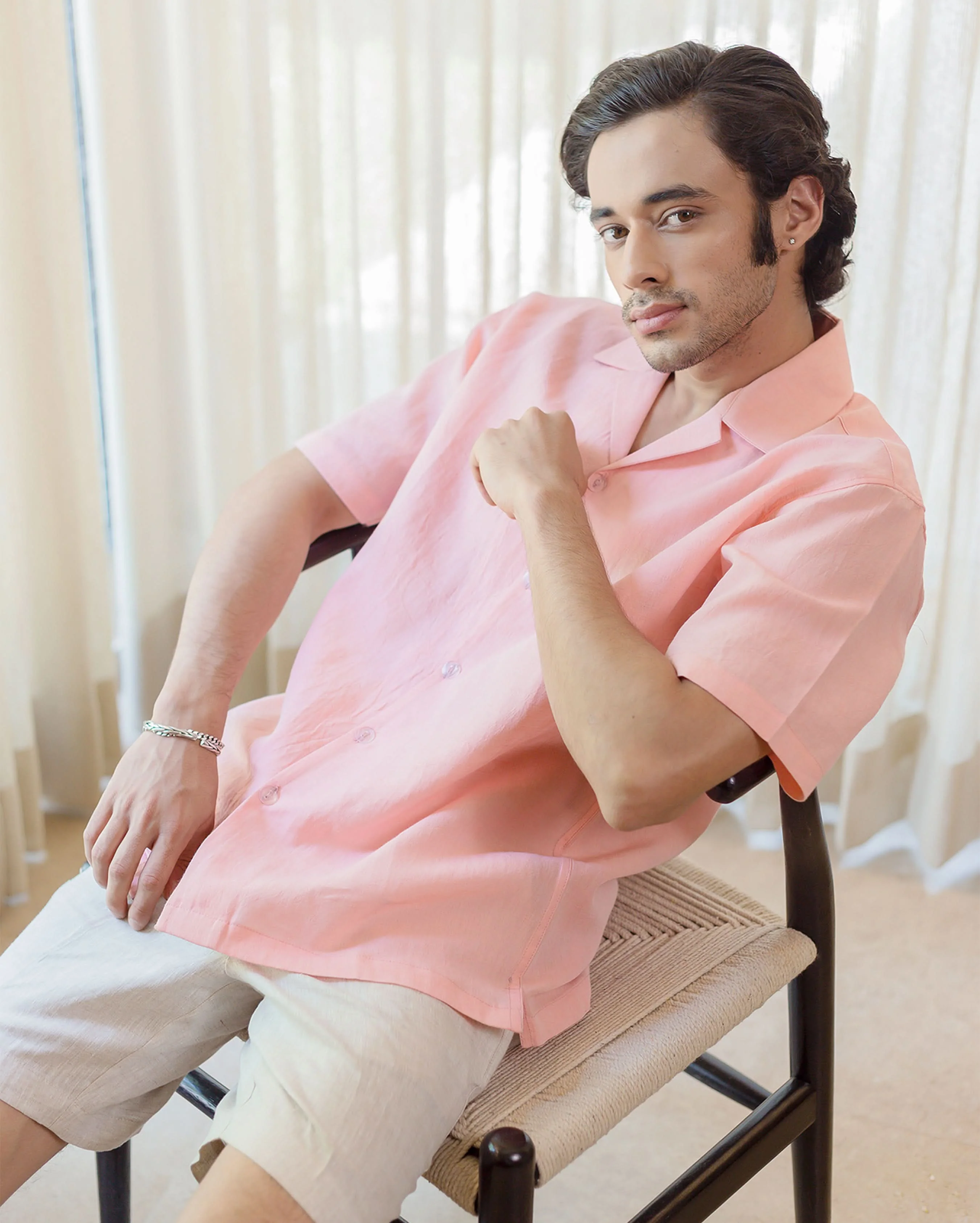 Coral Almond Peach Linen Solid Shirt - Image 4