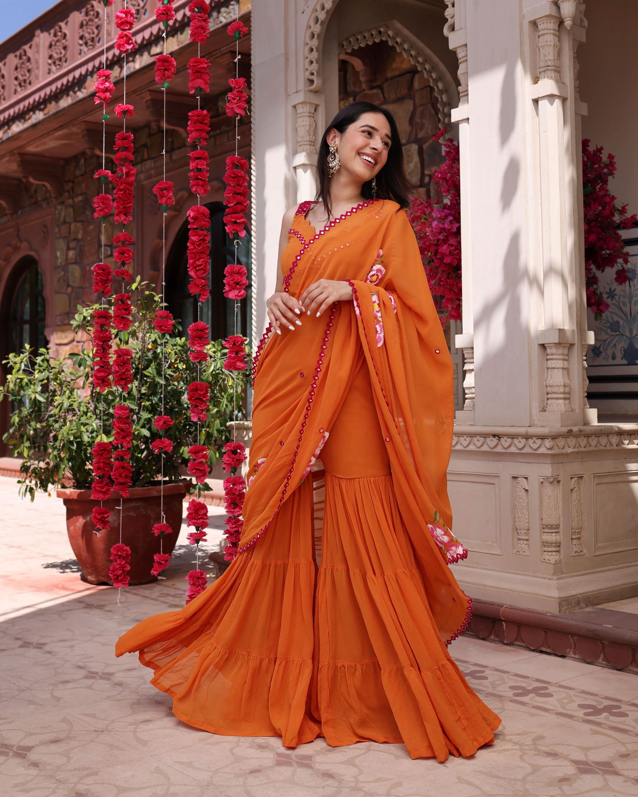 Coral Crush Orange Mirror Work Handpainted Georgette Pre Draped Saree - Image 2