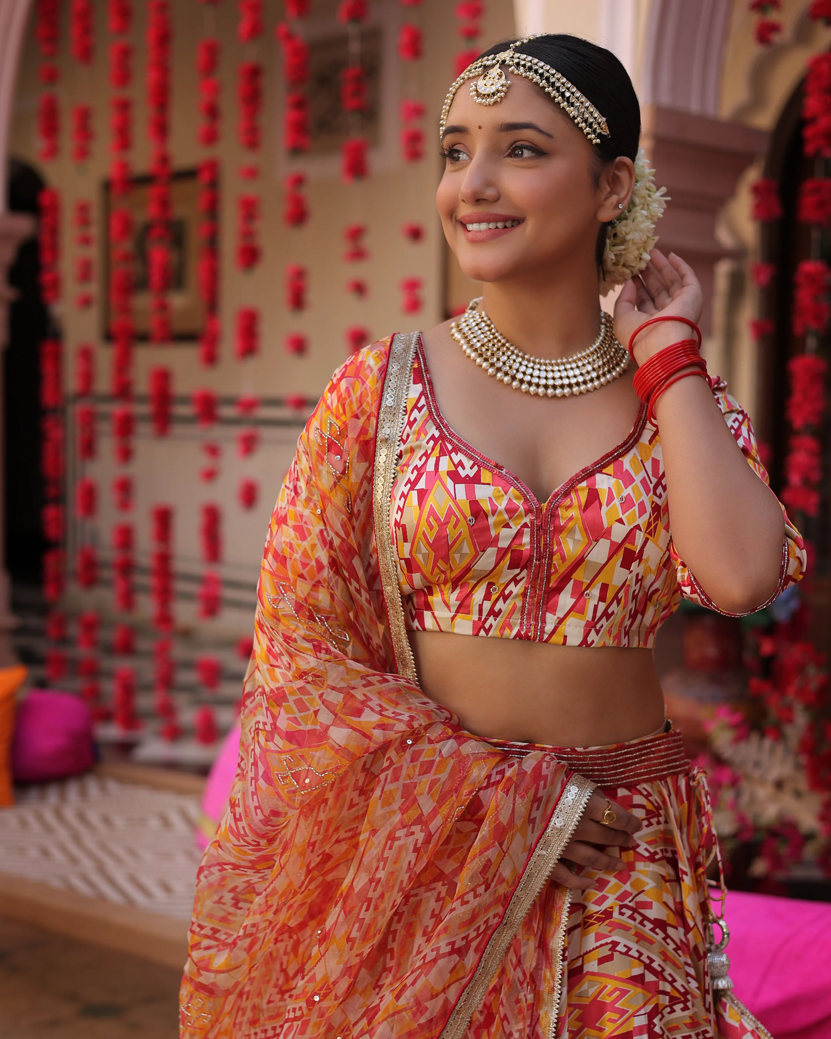 Creamy Crimson Blaze Printed Satin Lehenga Set - Image 10