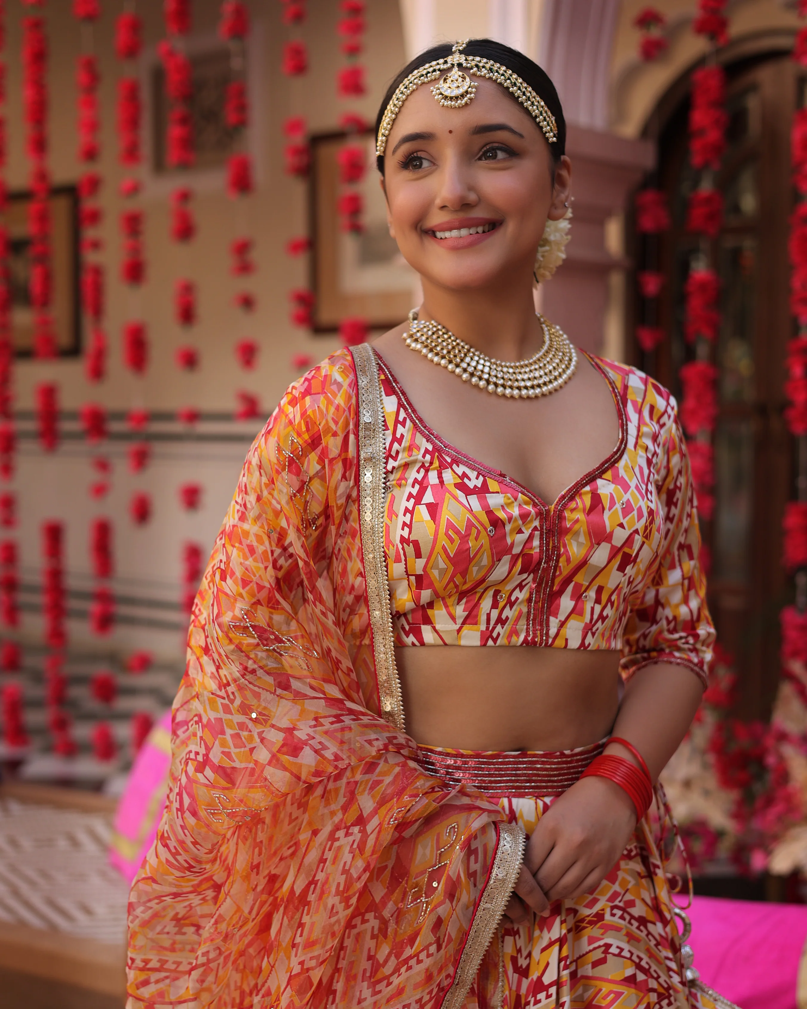 Creamy Crimson Blaze Printed Satin Lehenga Set - Image 6