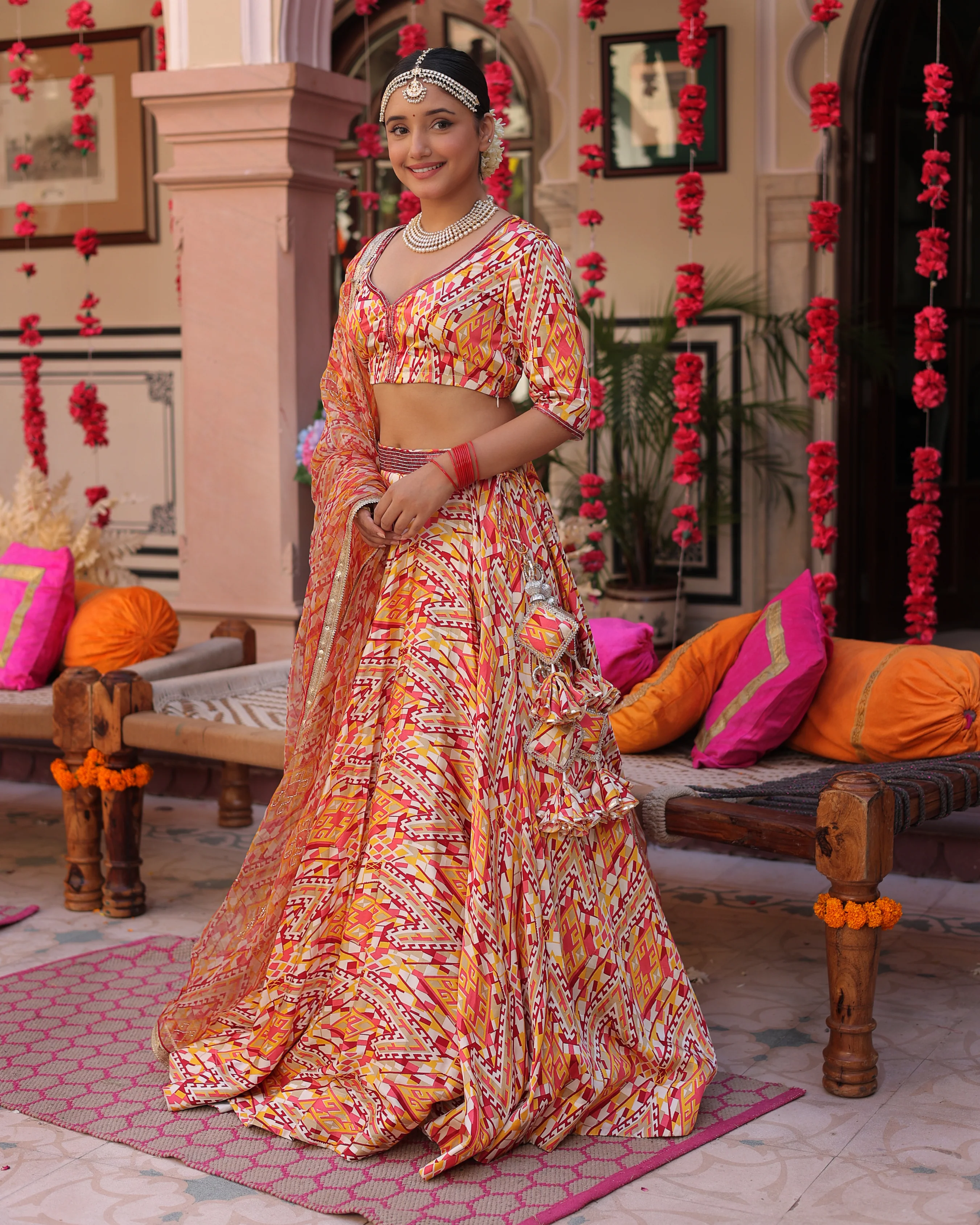 Creamy Crimson Blaze Printed Satin Lehenga Set - Image 7