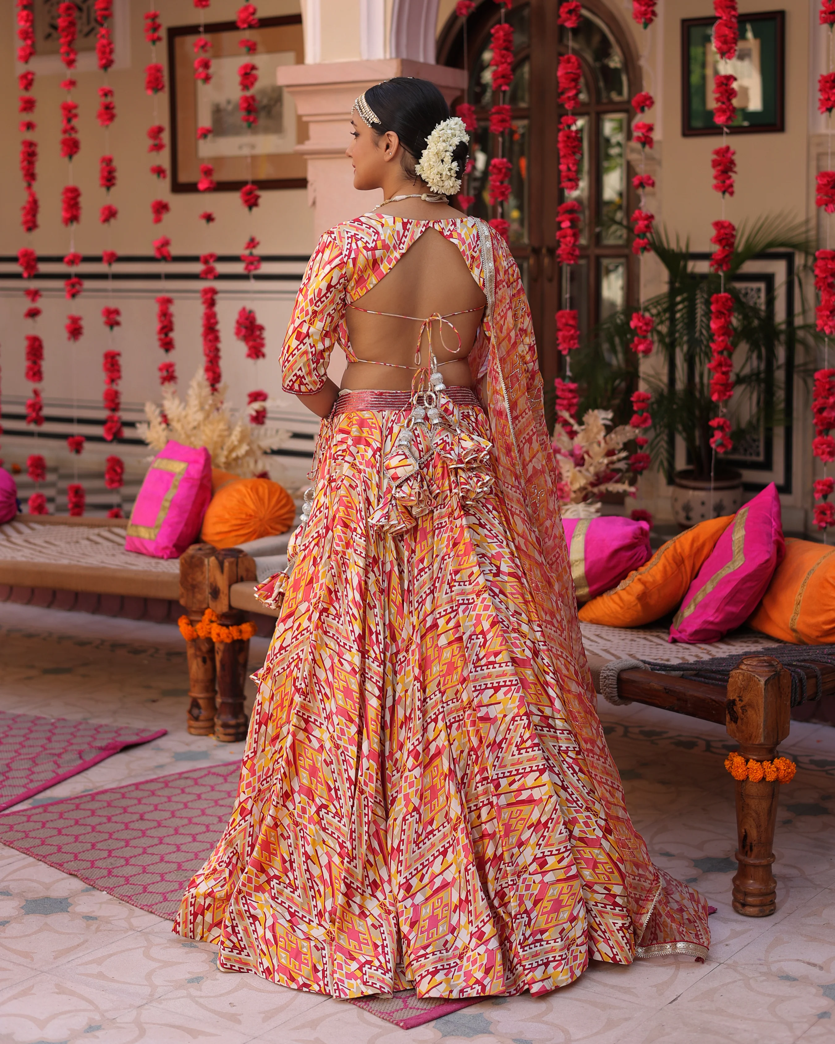 Creamy Crimson Blaze Printed Satin Lehenga Set - Image 8