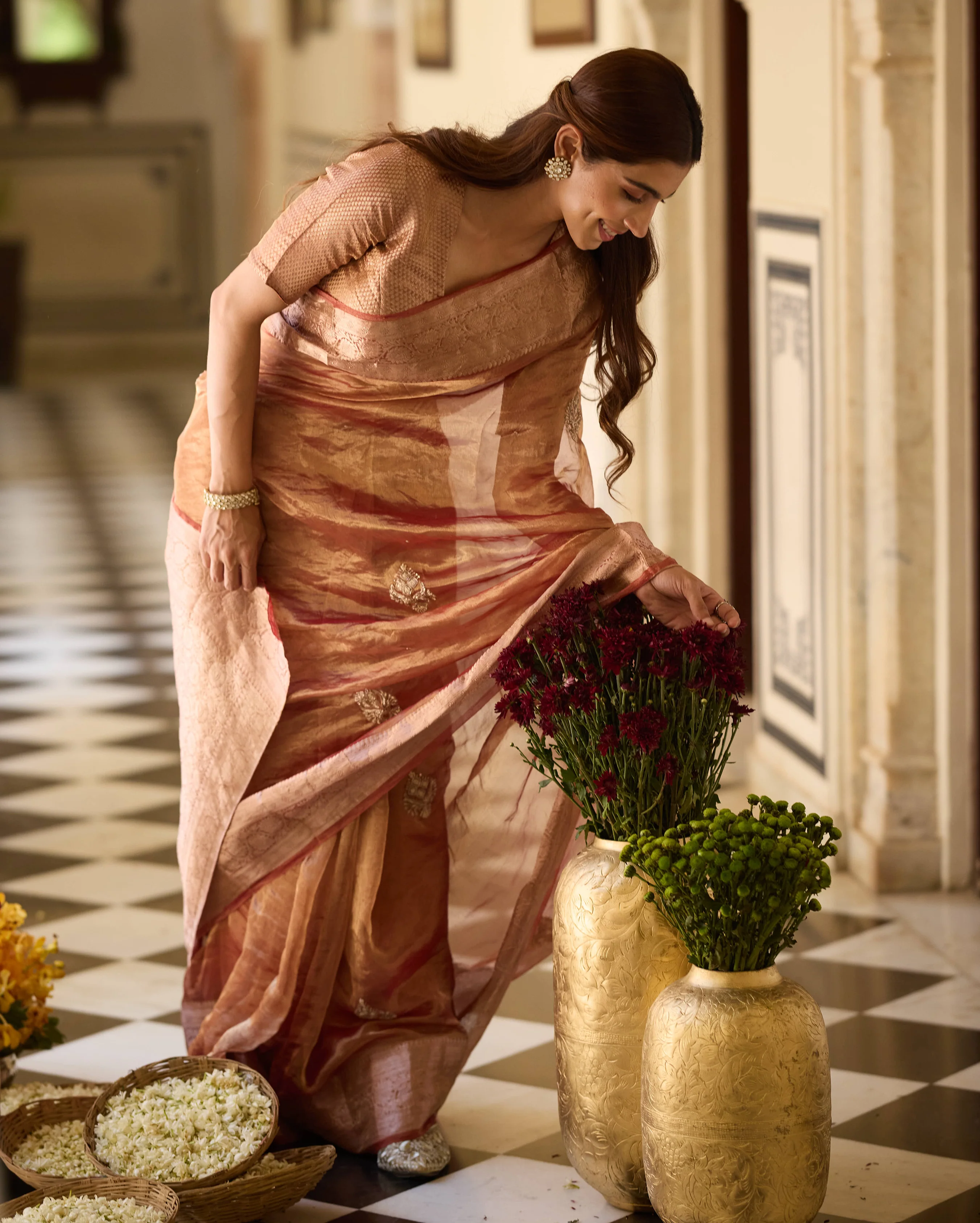 Damini Rust Orange Handcrafted Tissue Saree - Image 3