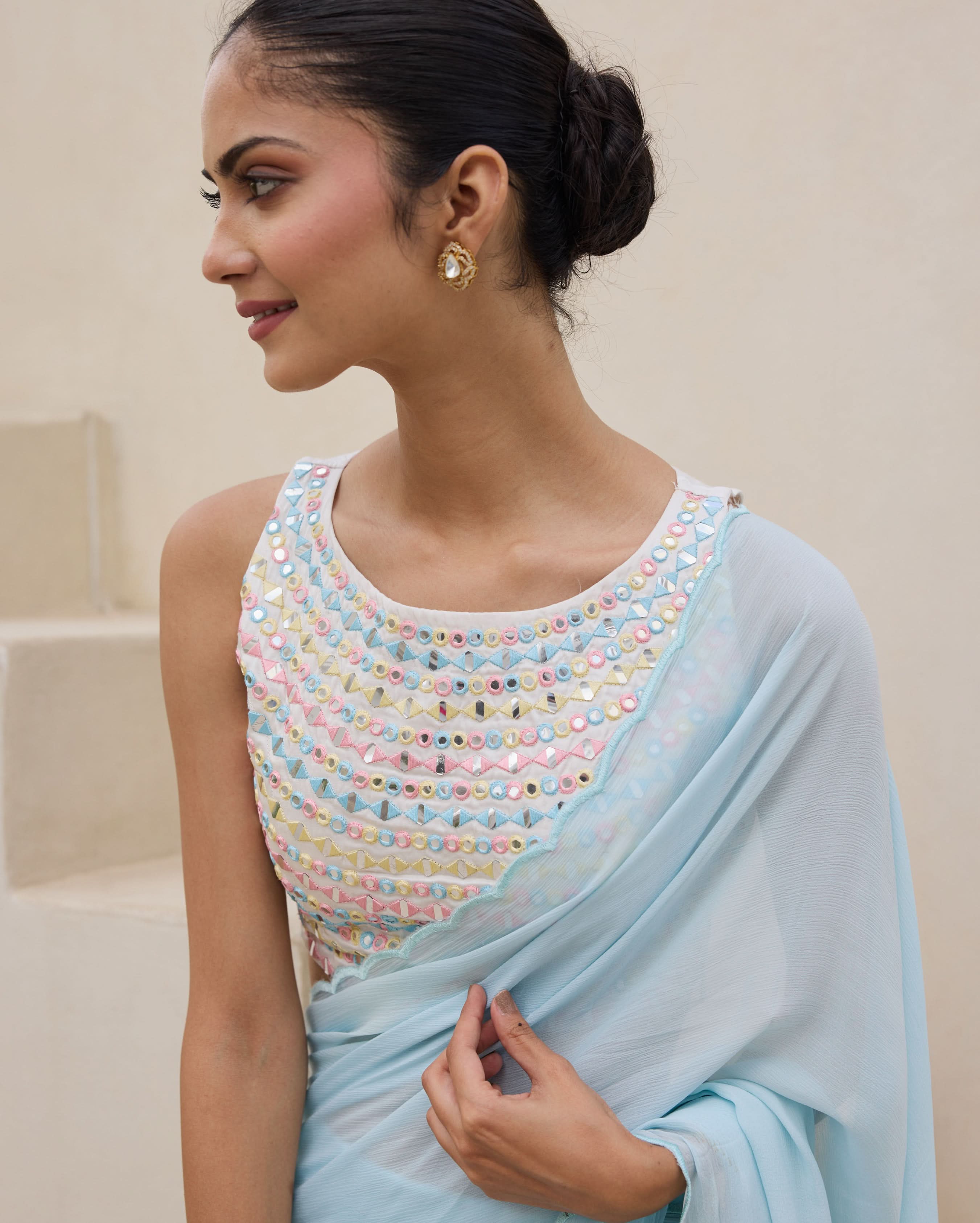 Daylight Charm White Satin Embroidered Blouse - Image 4