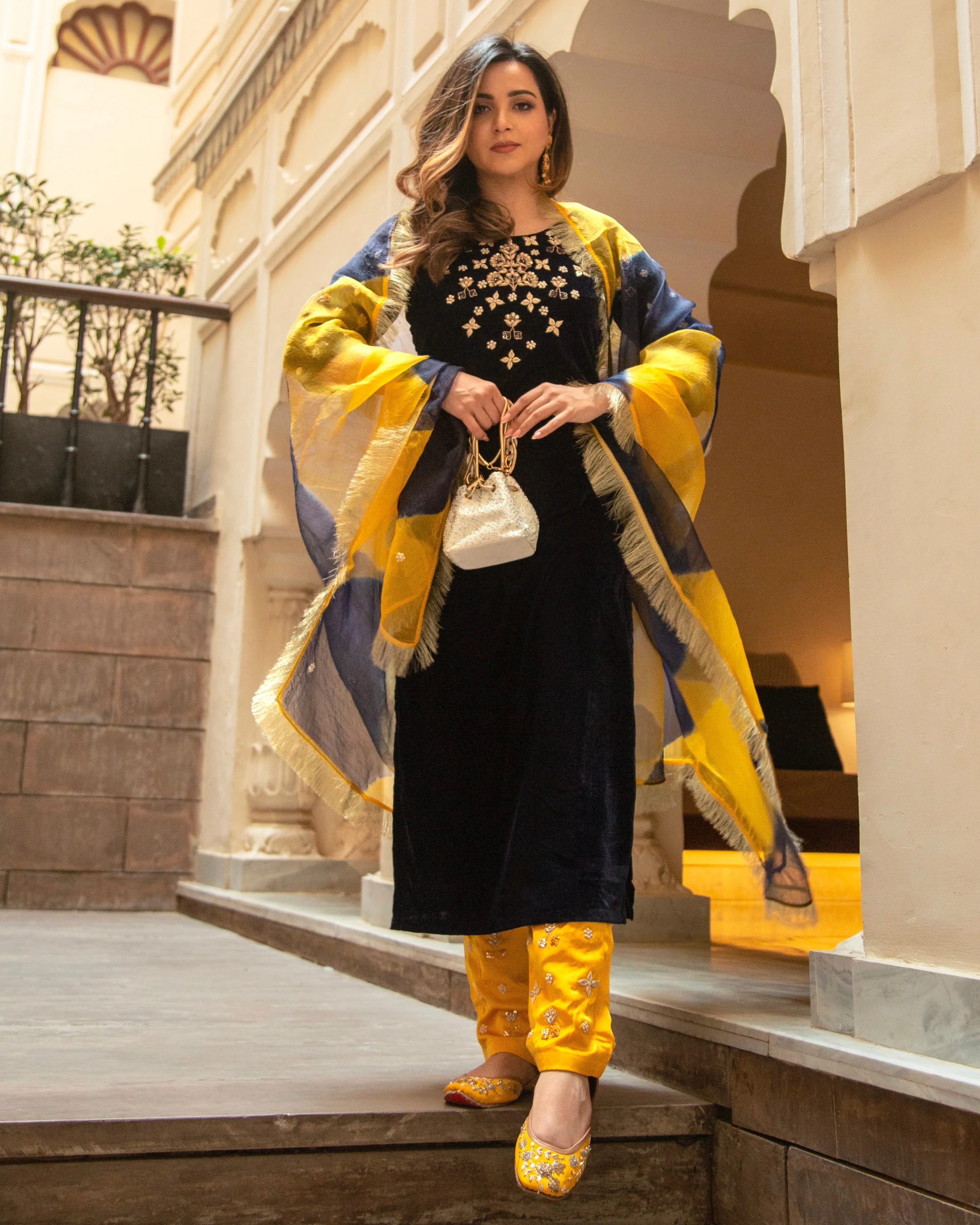 Dazzling Blue Velvet Handcrafted Suit Set - Image 3