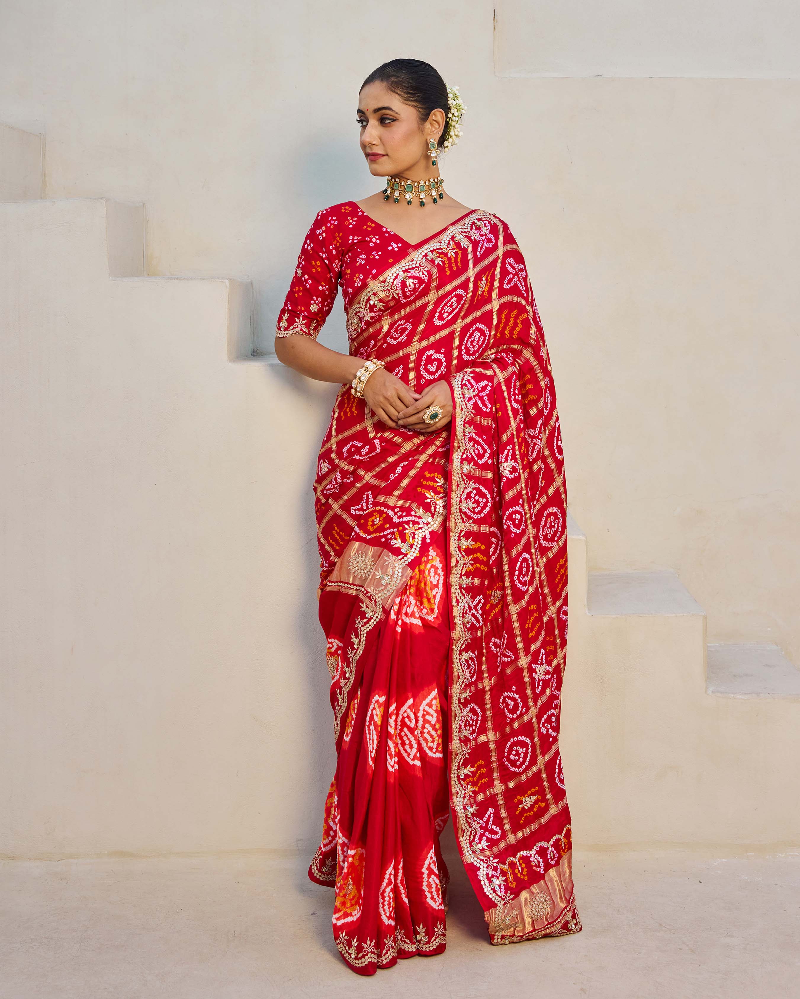 Dazzling Red Silk Bandhani Saree - Image 2