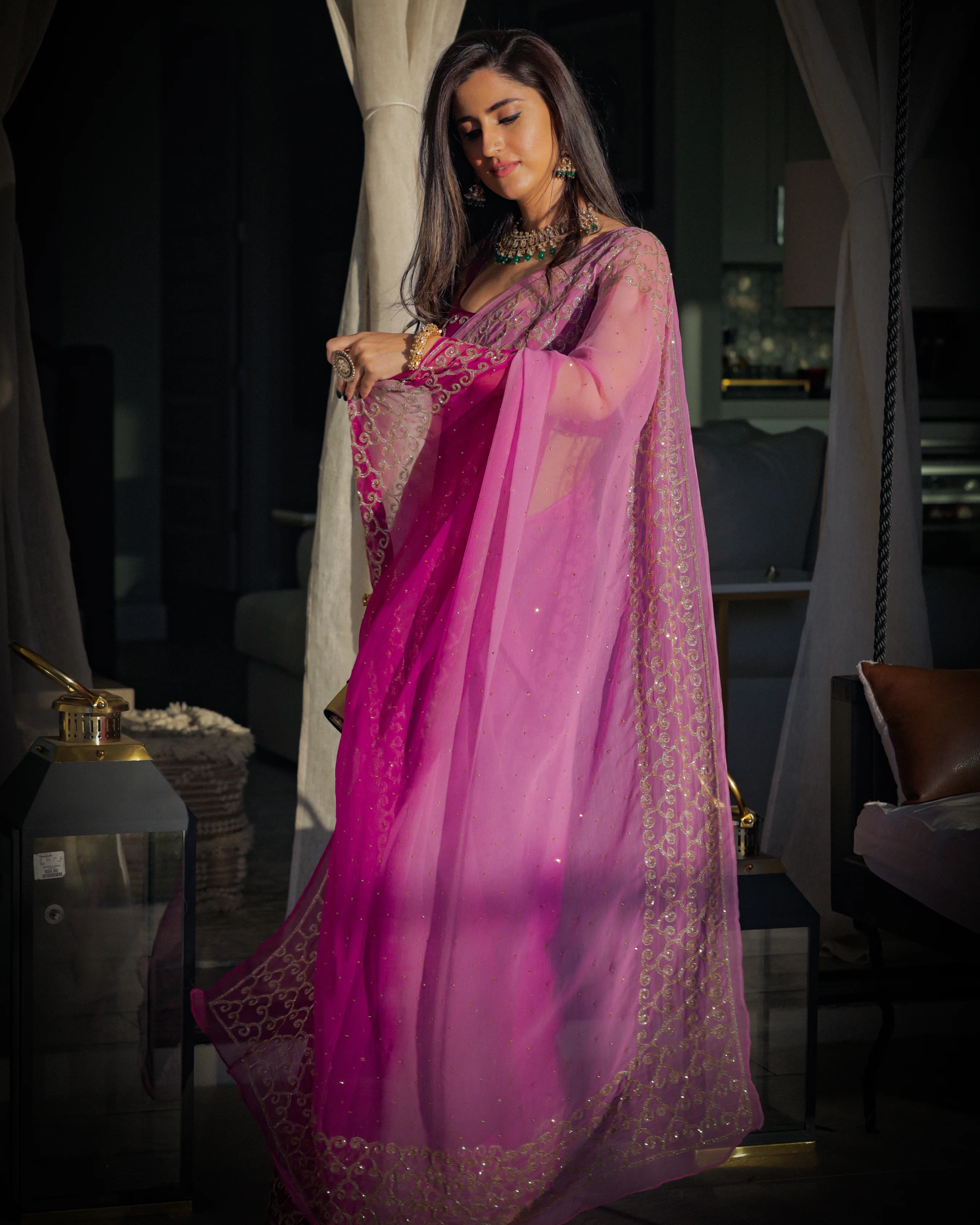 Deep Lavender Pure Chiffon Saree - Image 4