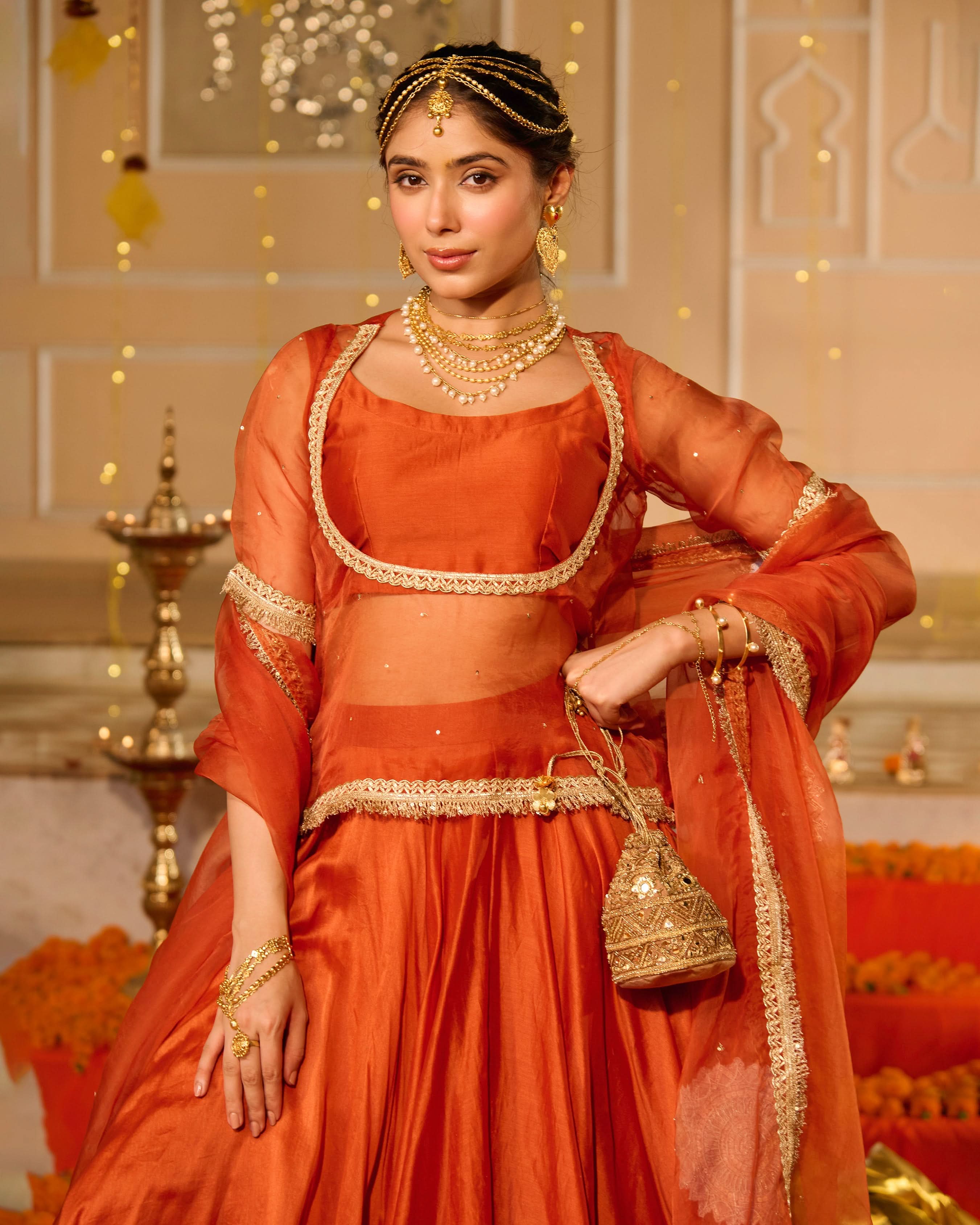 Deepa Orange Solid Chanderi Lehenga Set - Image 4