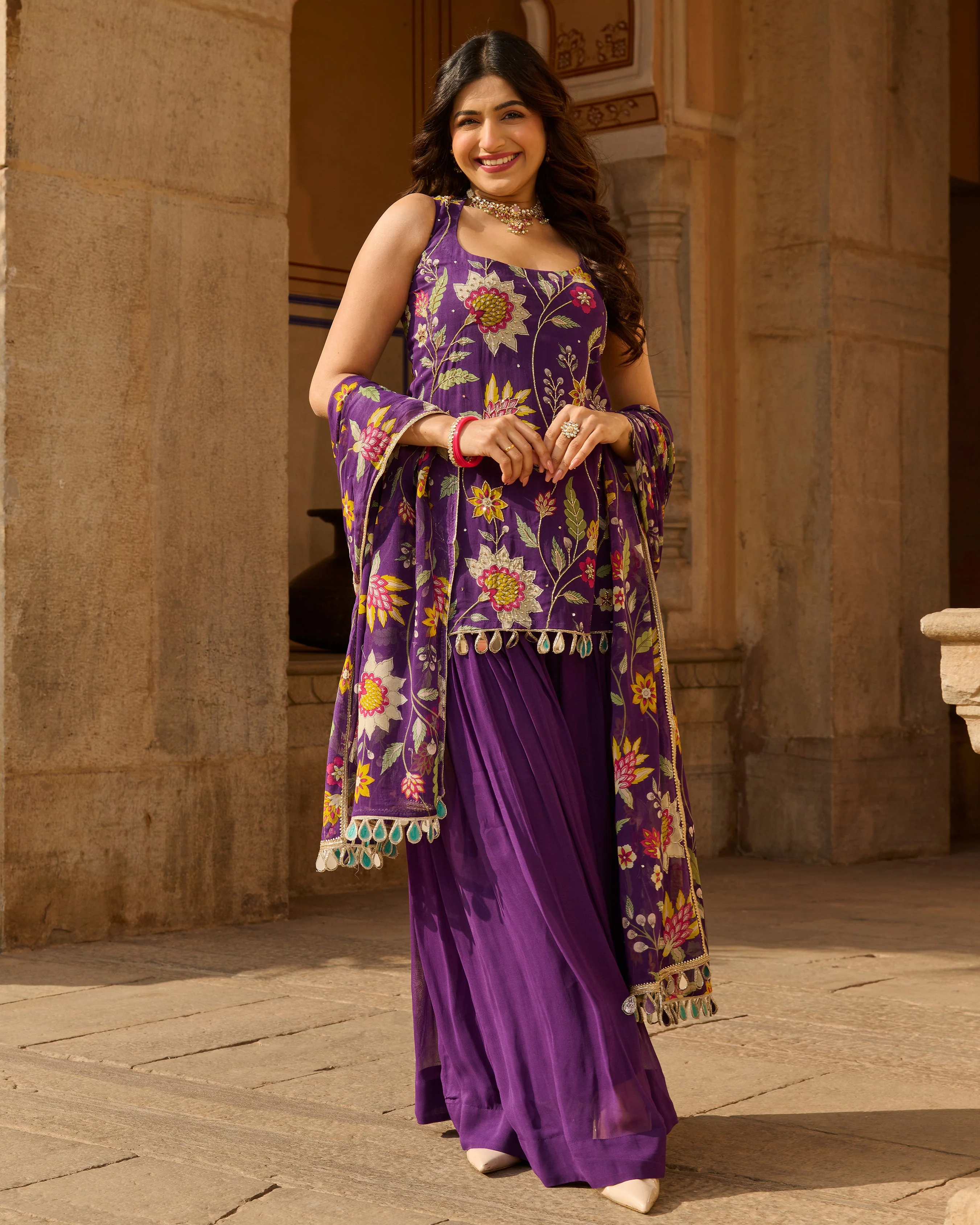 Deewan Purple Printed Georgette Suit Set - Image 2