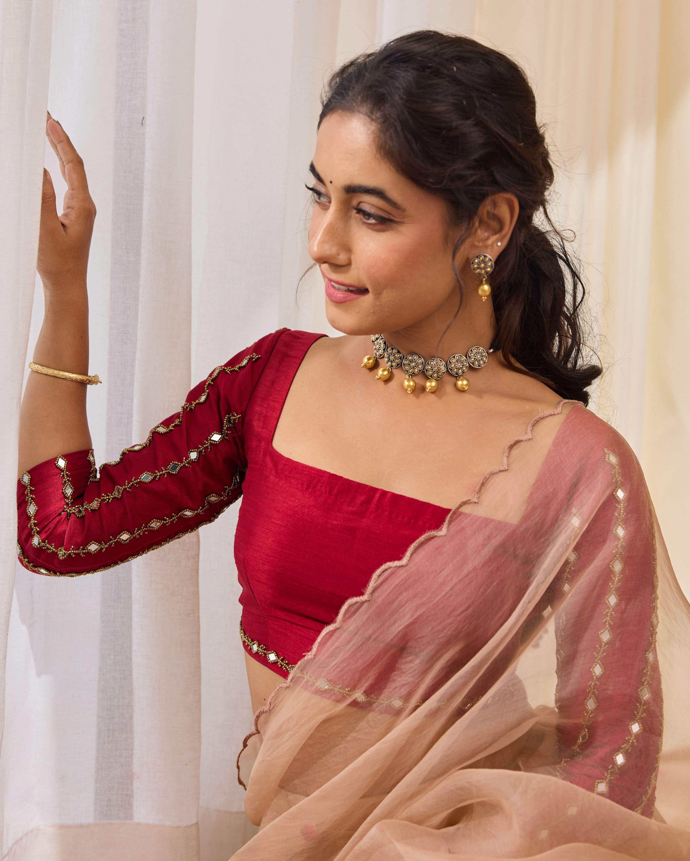 Desert Bloom Maroon Silk Embroidered Blouse - Image 4