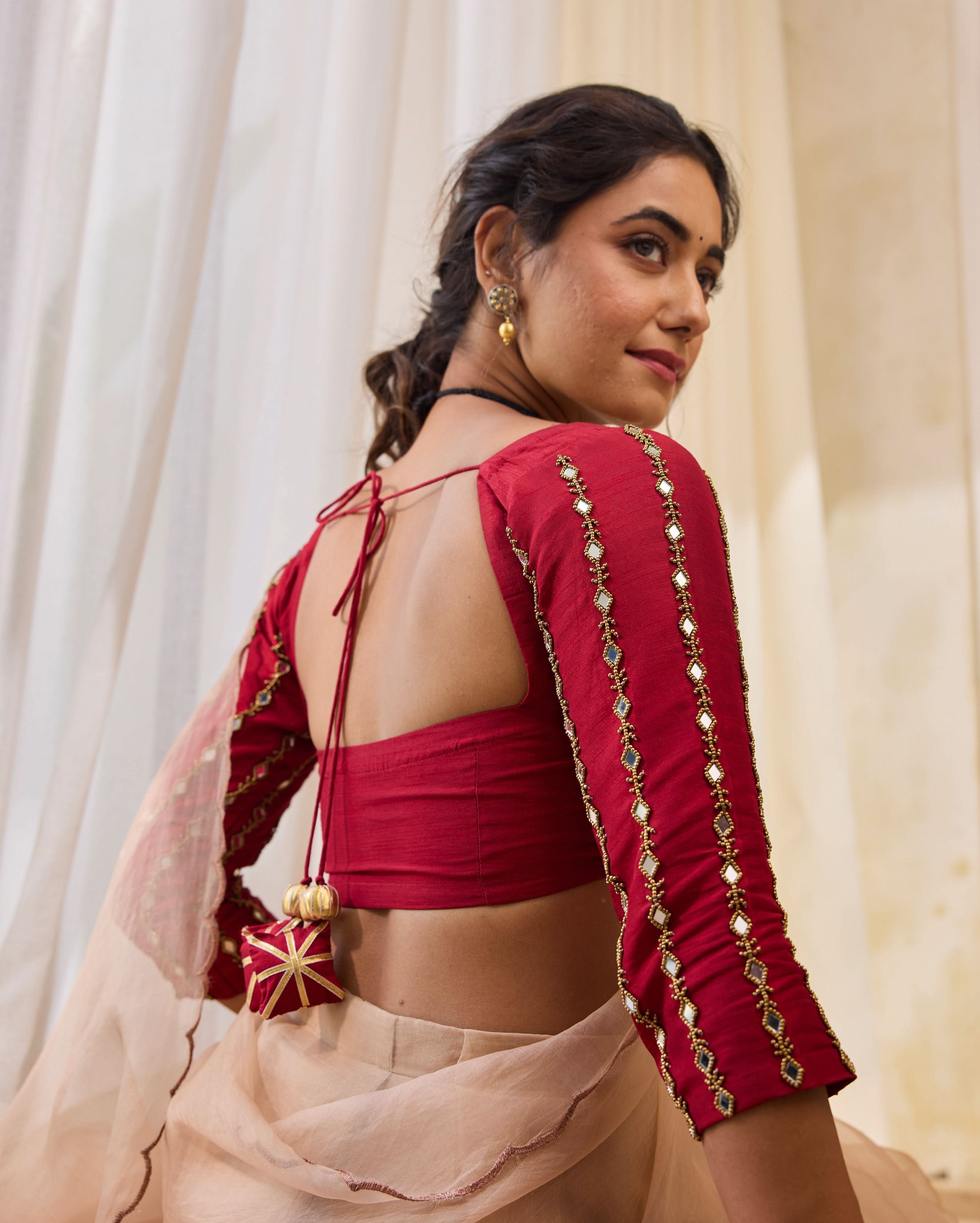 Desert Bloom Maroon Silk Embroidered Blouse - Image 6