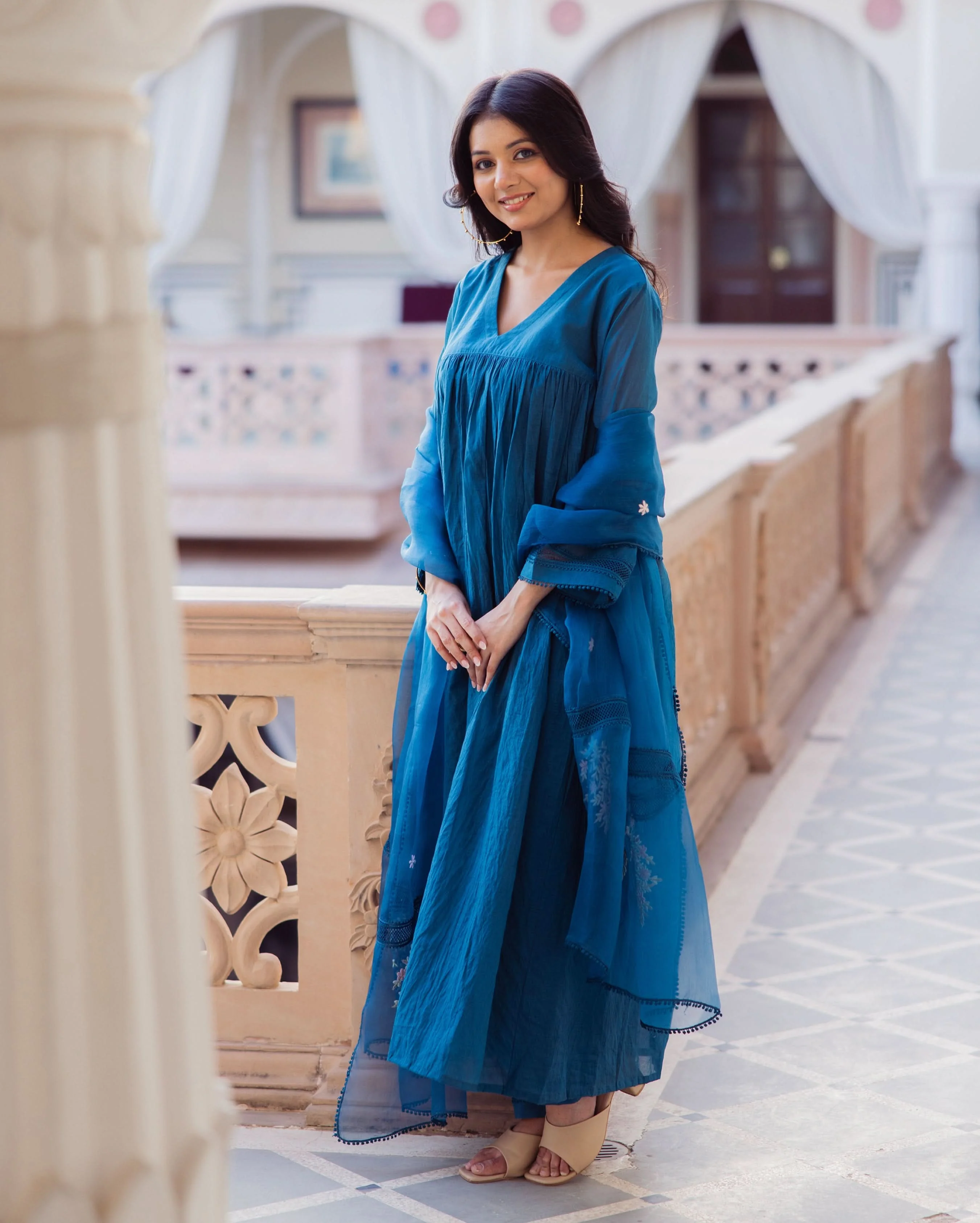 Desi Blue Embroidered Chanderi Suit Set - Image 2