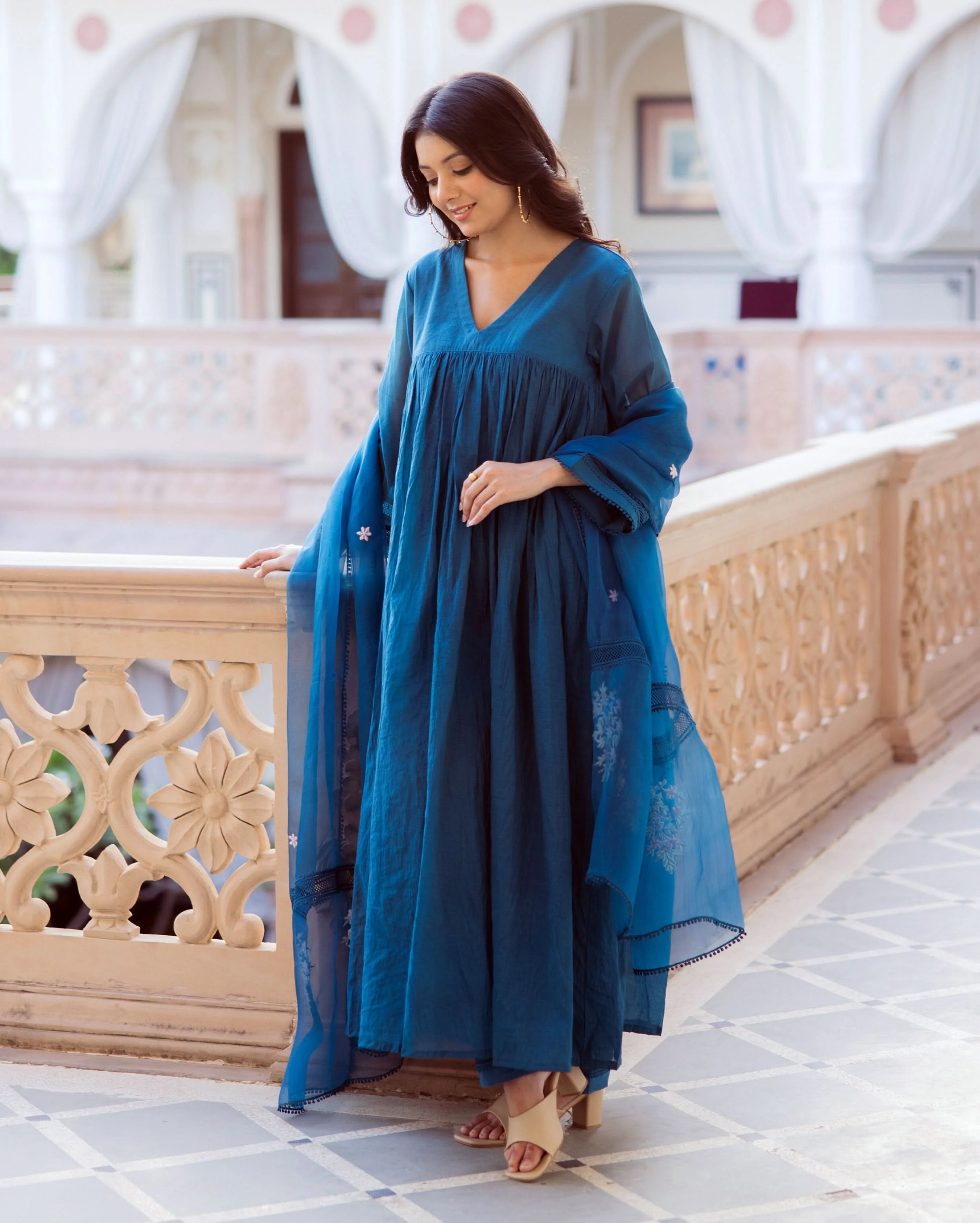 Desi Blue Embroidered Chanderi Suit Set - Image 3