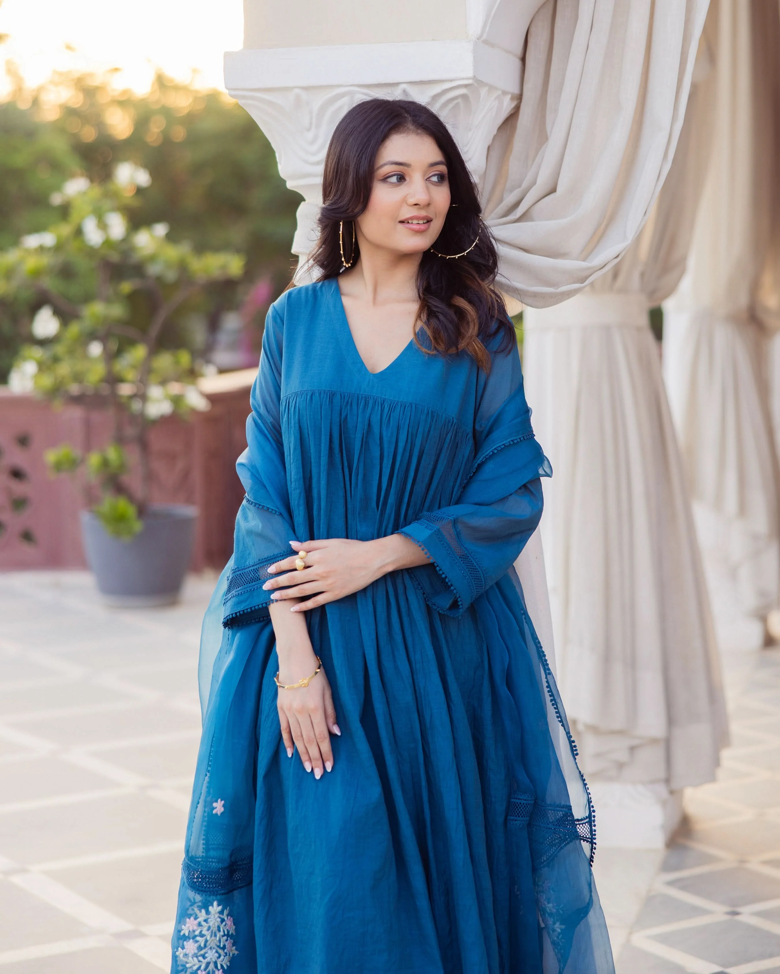 Desi Blue Embroidered Chanderi Suit Set - Image 5
