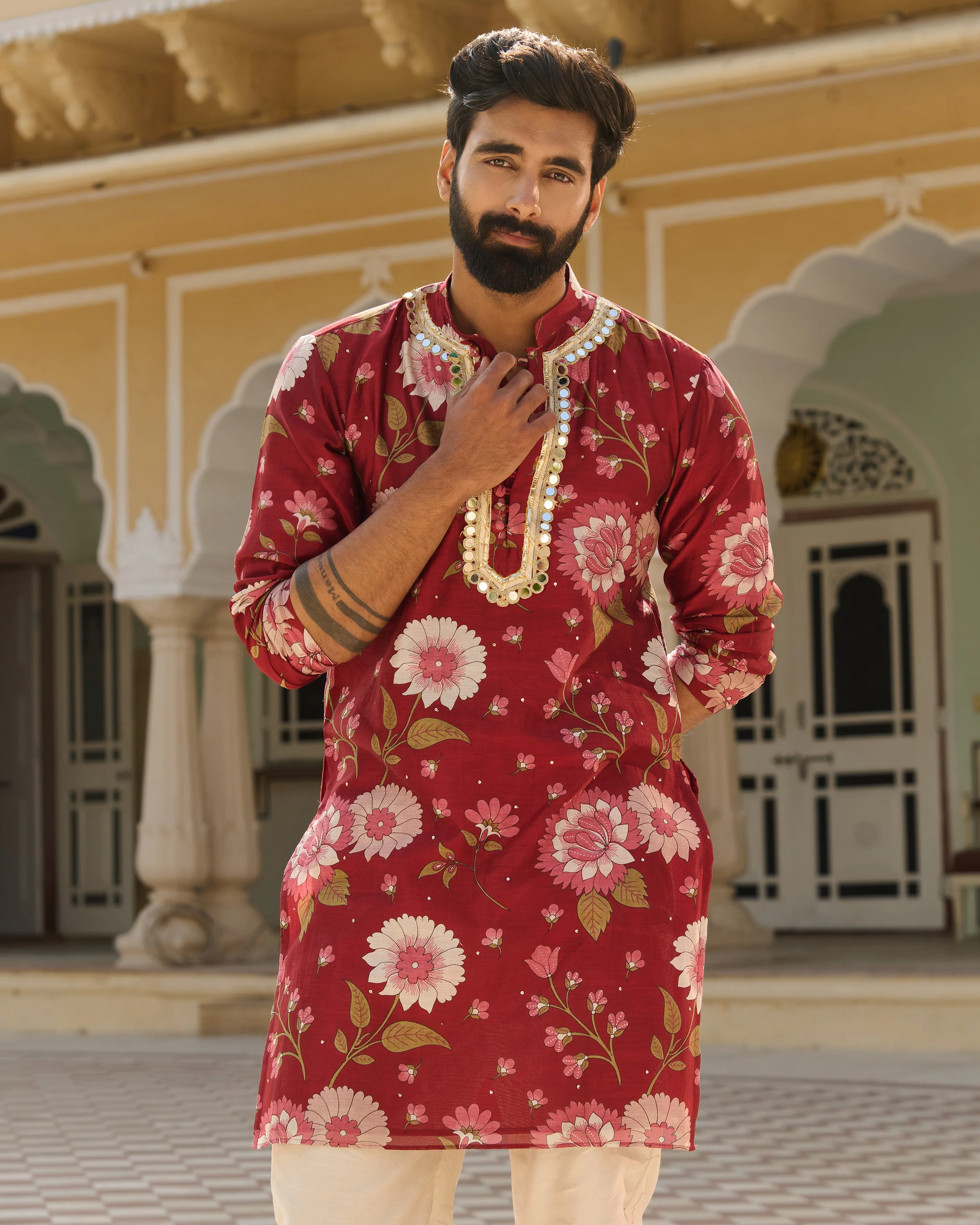 Dev Maroon Printed Chanderi Kurta