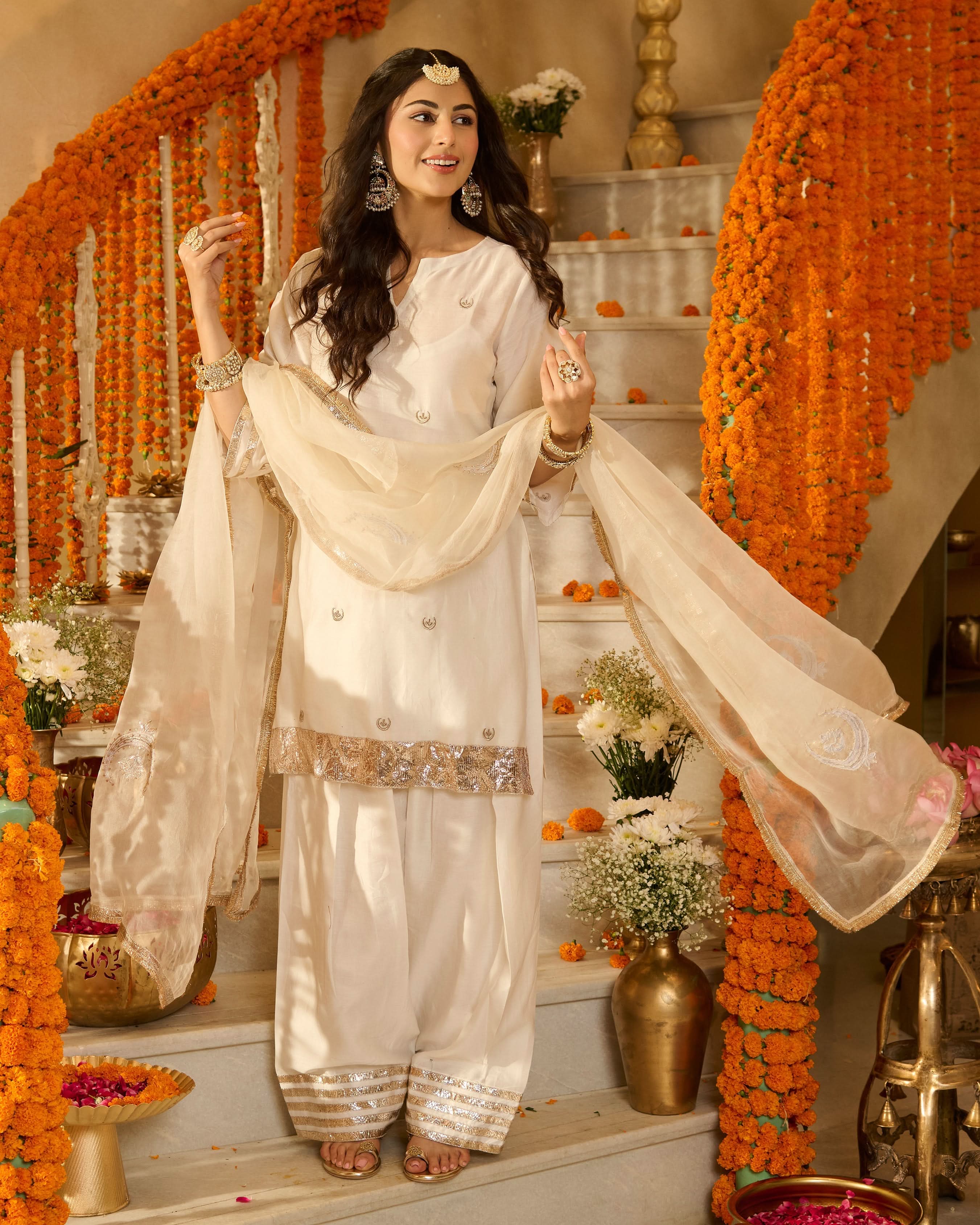 Devi Off White Solid Chanderi Farsi Salwar Set - Image 3