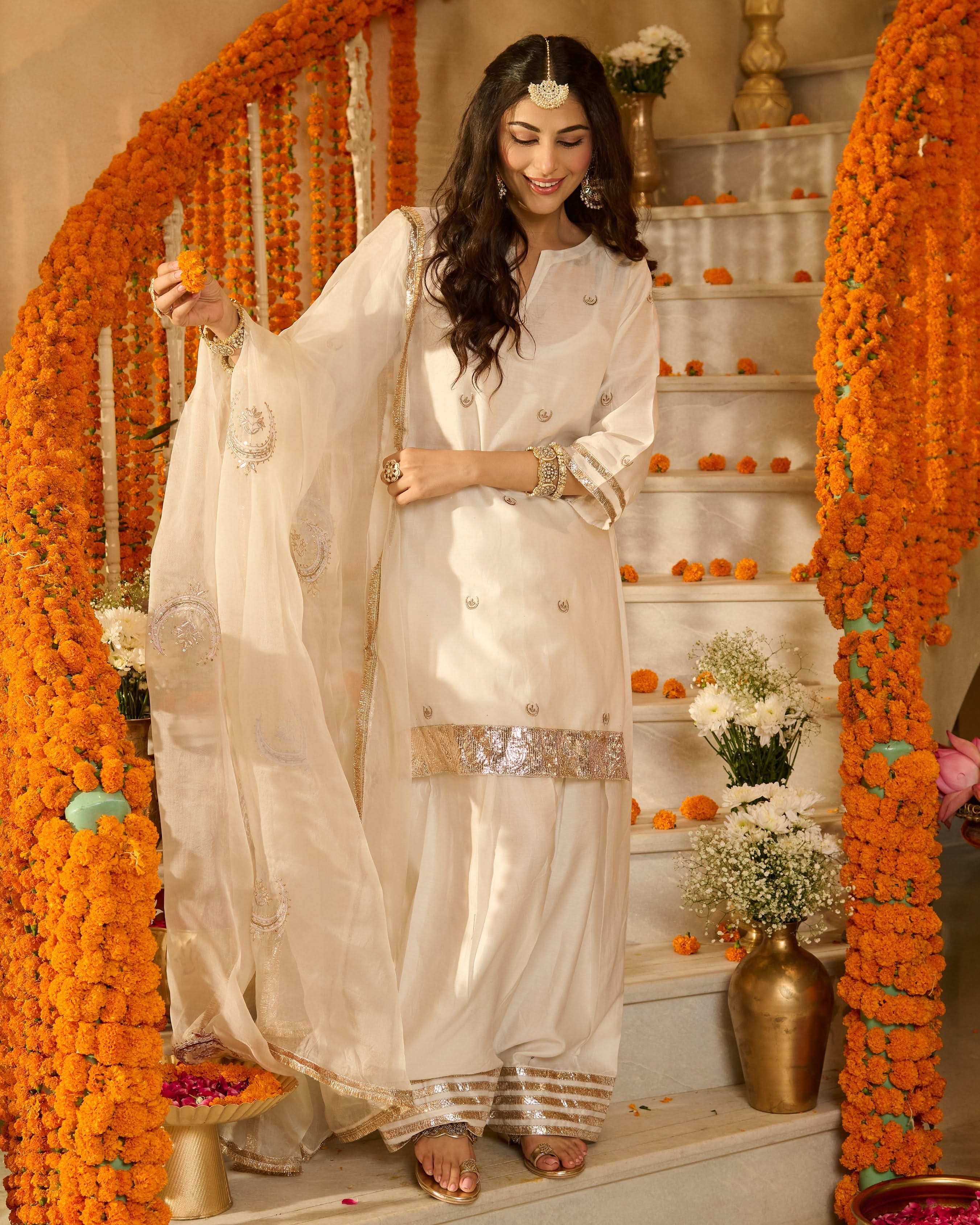 Devi Off White Solid Chanderi Farsi Salwar Set - Image 6
