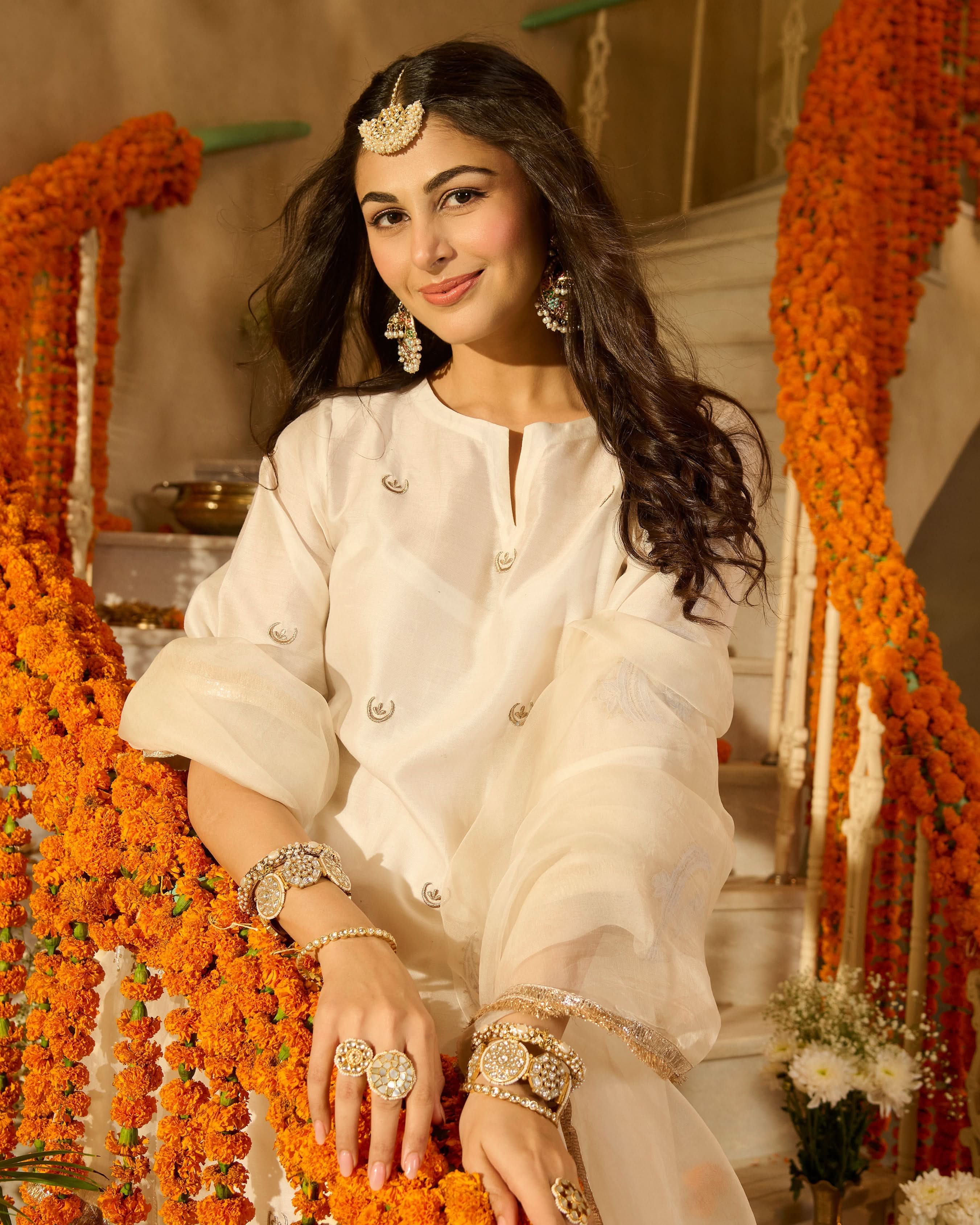 Devi Off White Solid Chanderi Farsi Salwar Set - Image 7