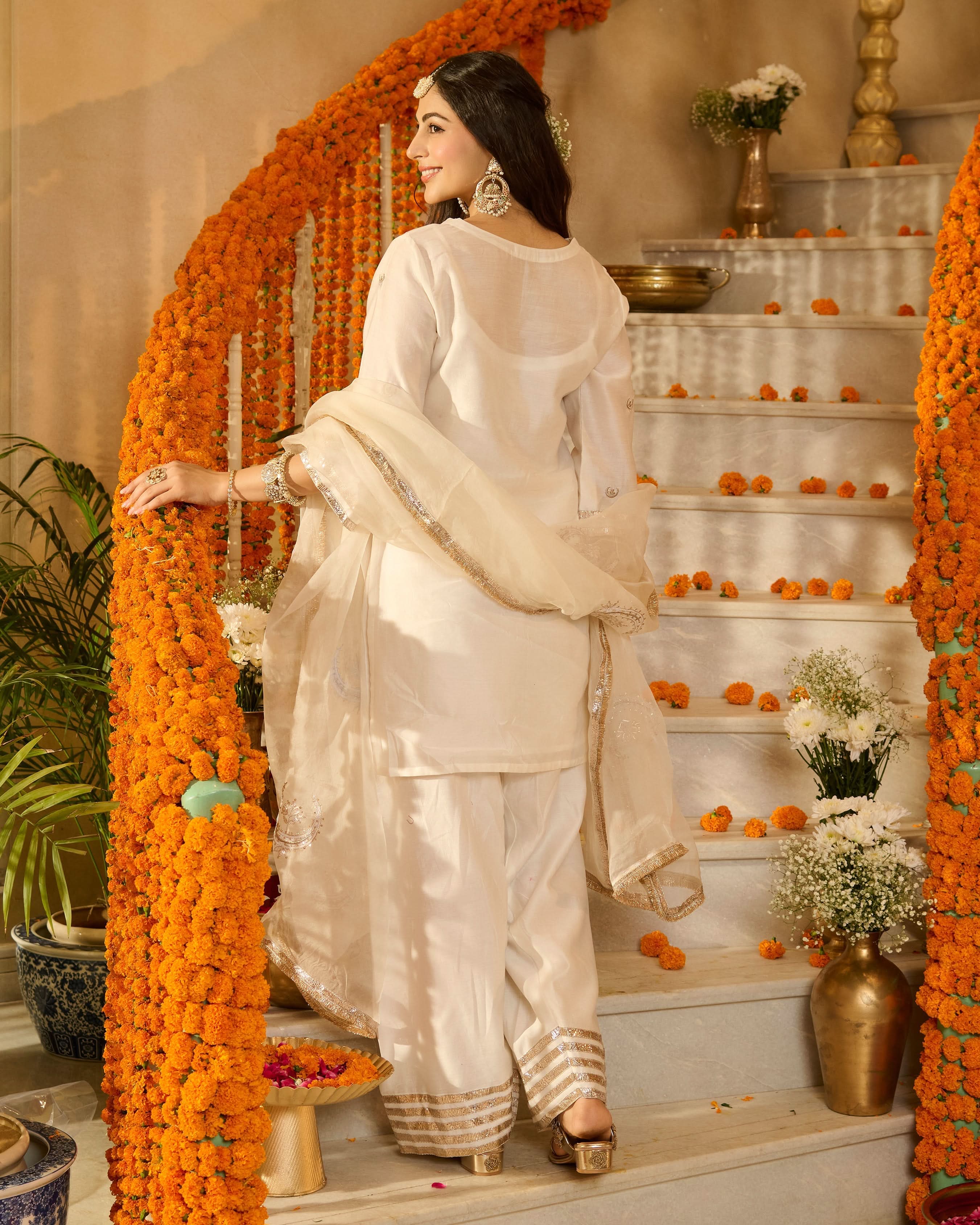Devi Off White Solid Chanderi Farsi Salwar Set - Image 9