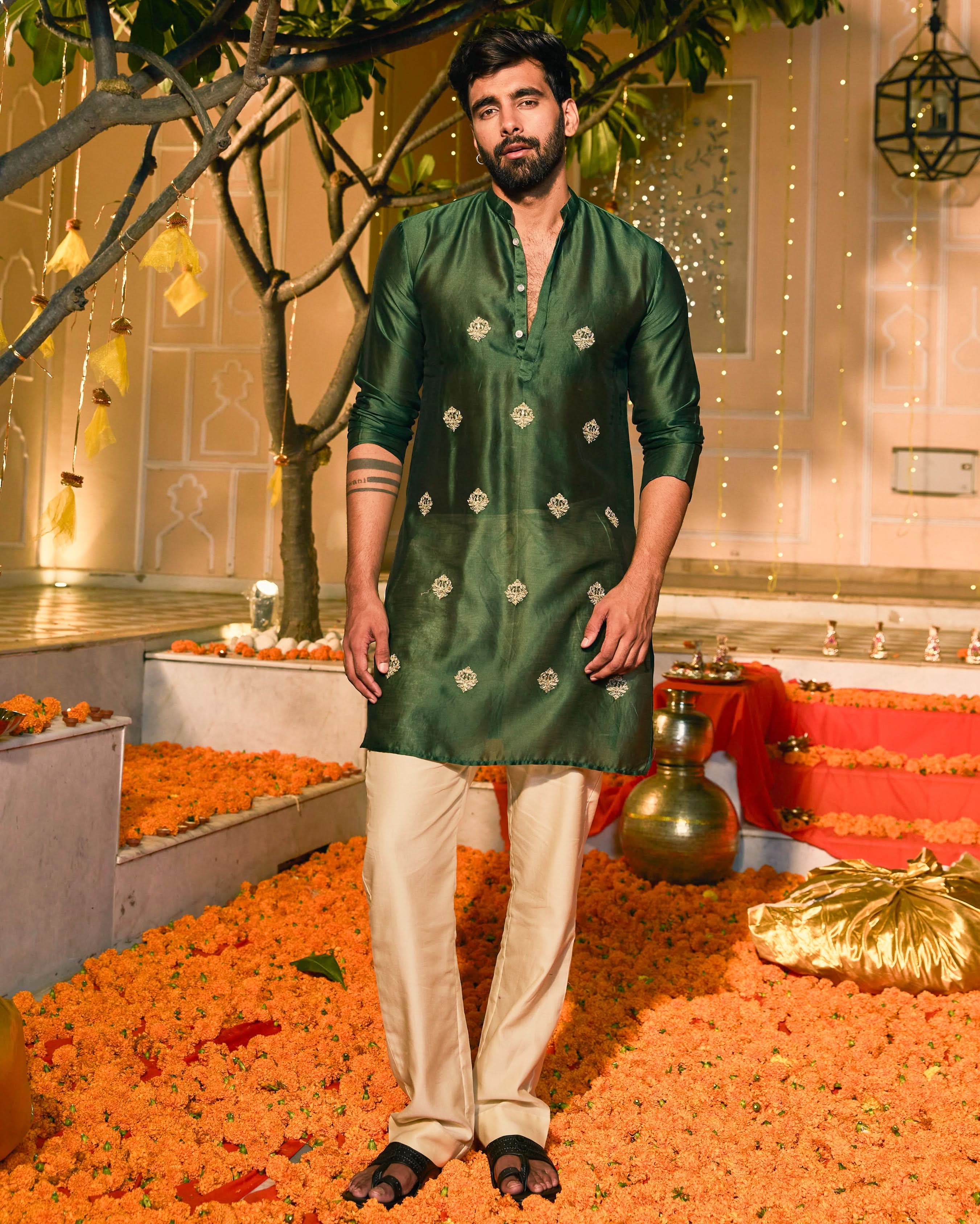 Devrat Dark Green Embroidered Chanderi Kurta - Image 2