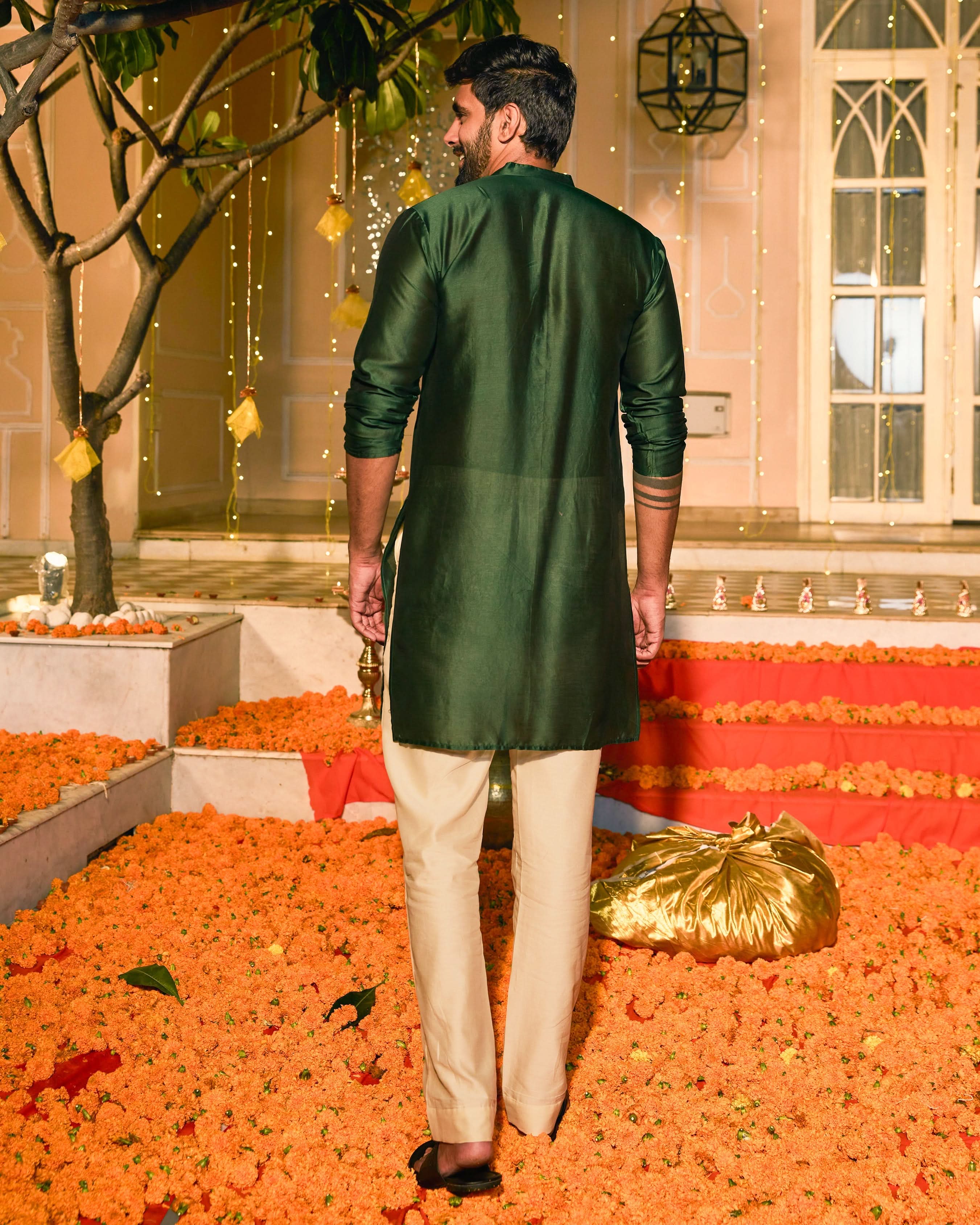 Devrat Dark Green Embroidered Chanderi Kurta - Image 6