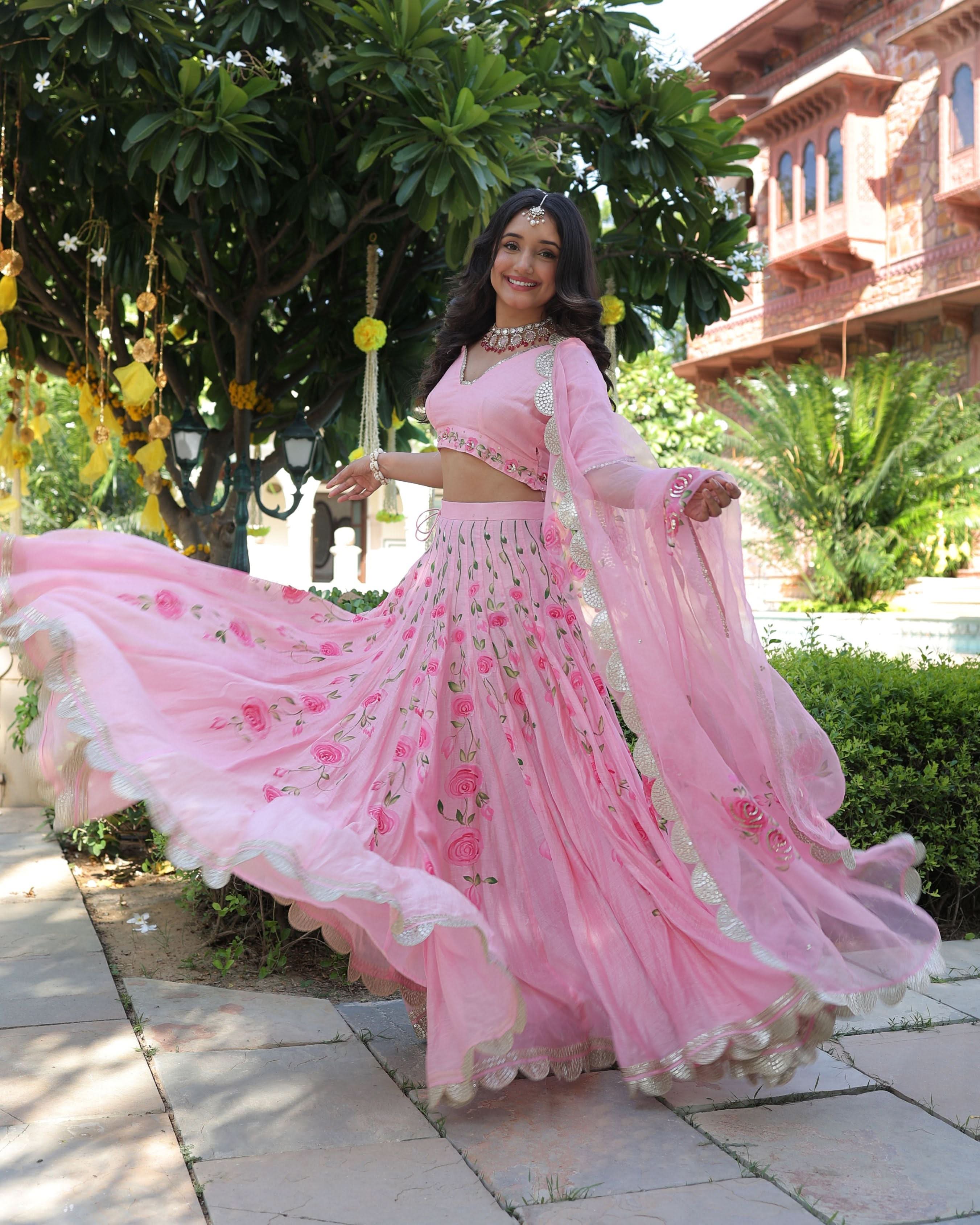 Dewberry Pink Handpainted Chanderi Lehenga Set - Image 3