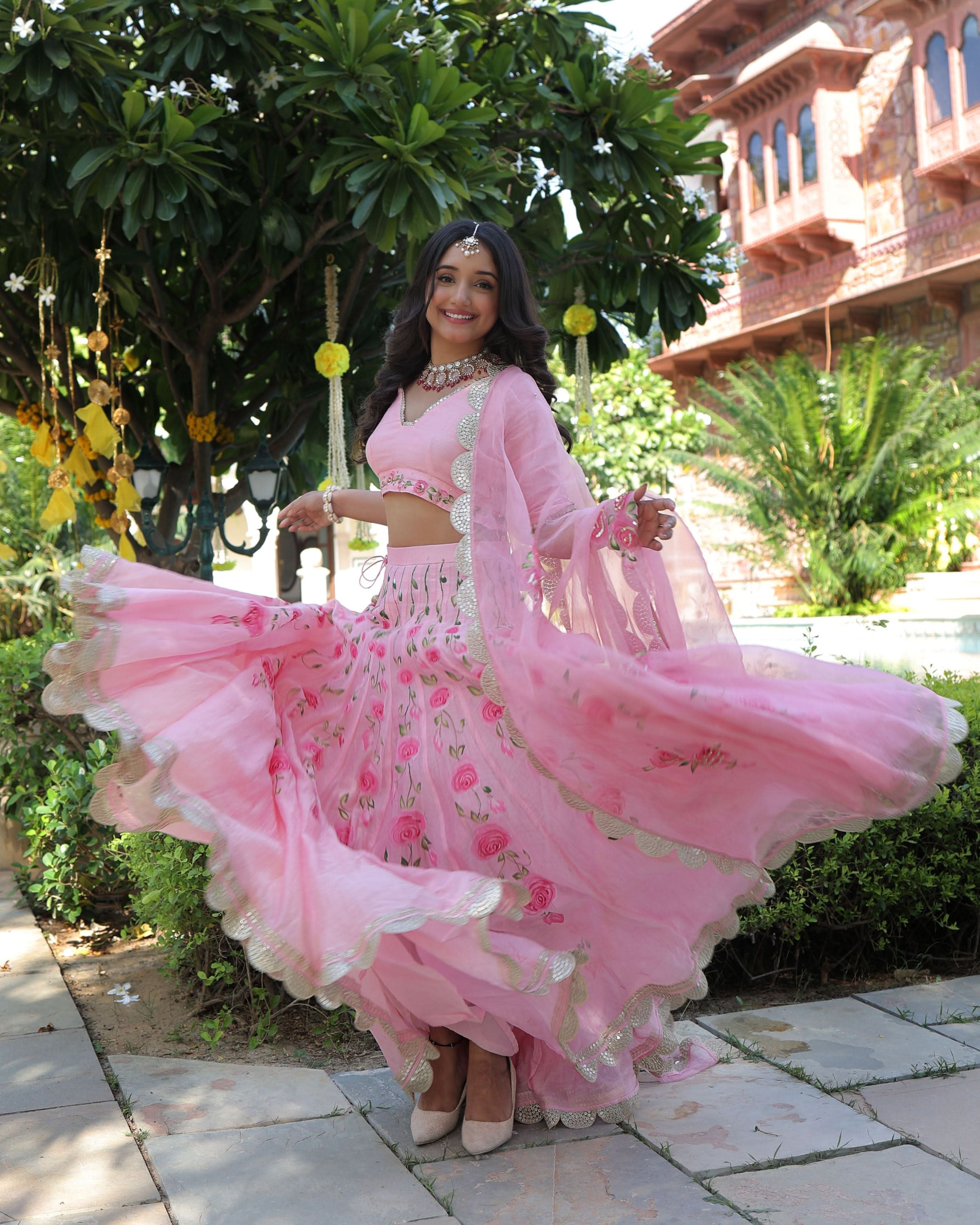 Dewberry Pink Handpainted Chanderi Lehenga Set - Image 4