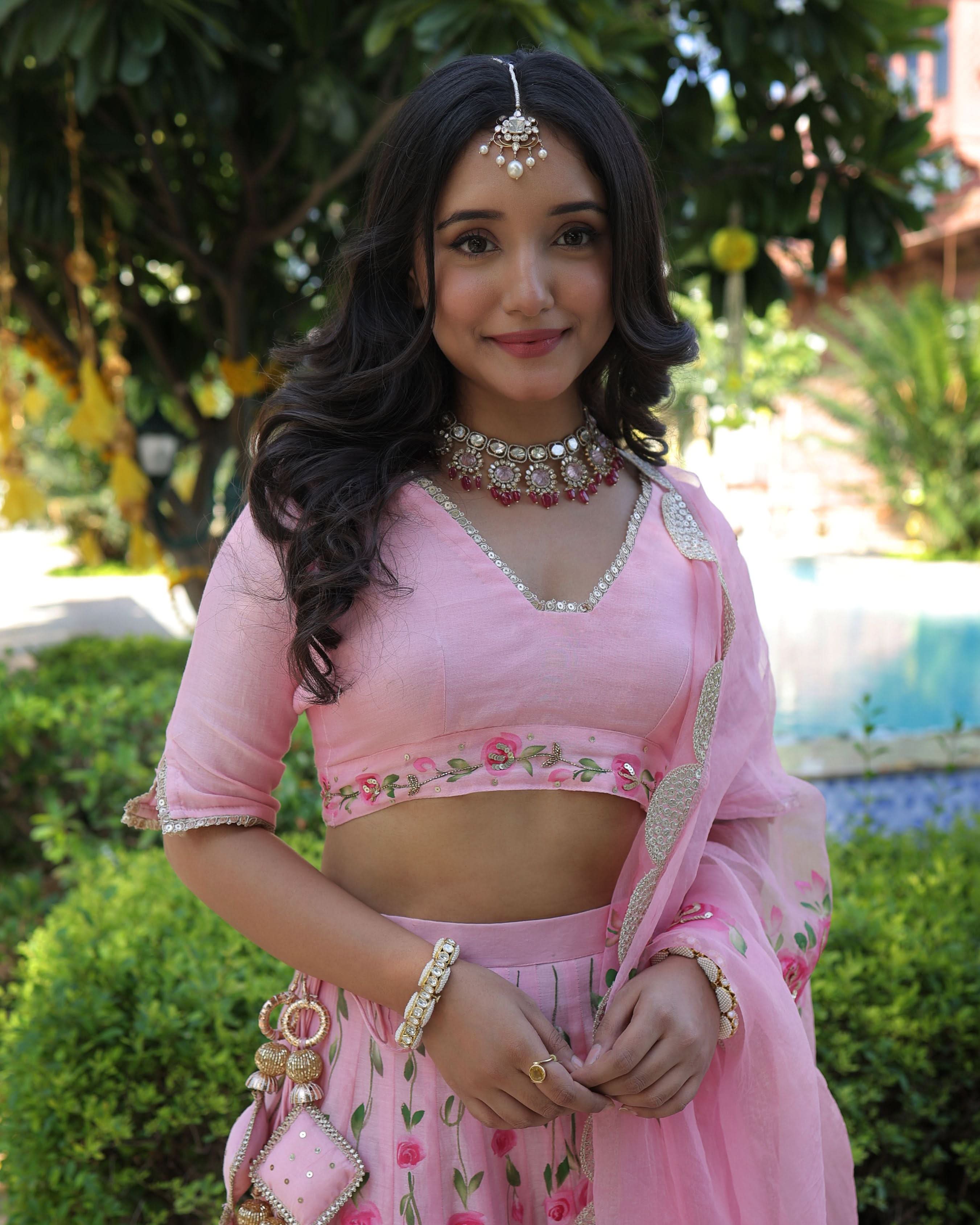 Dewberry Pink Handpainted Chanderi Lehenga Set - Image 5