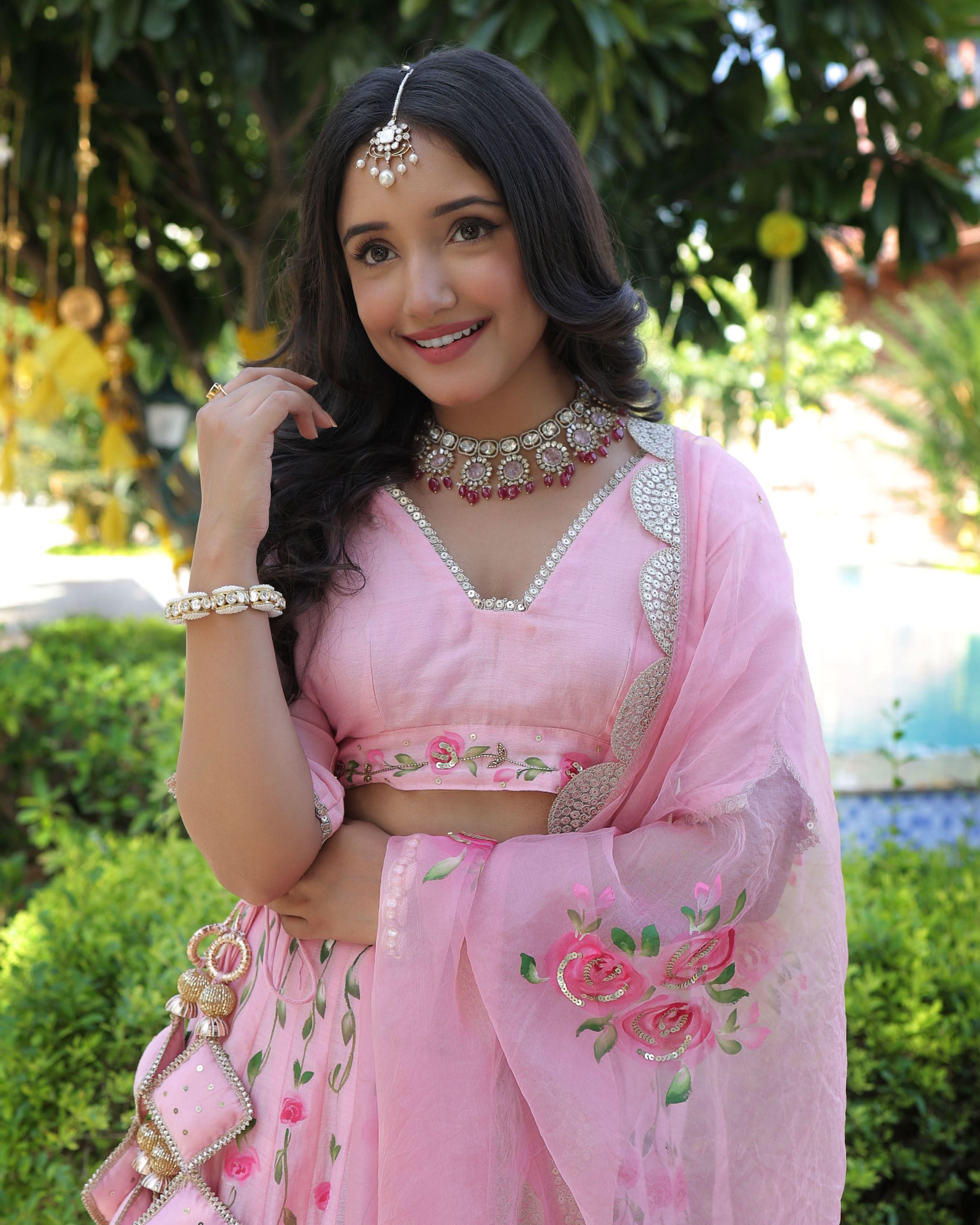 Dewberry Pink Handpainted Chanderi Lehenga Set - Image 7