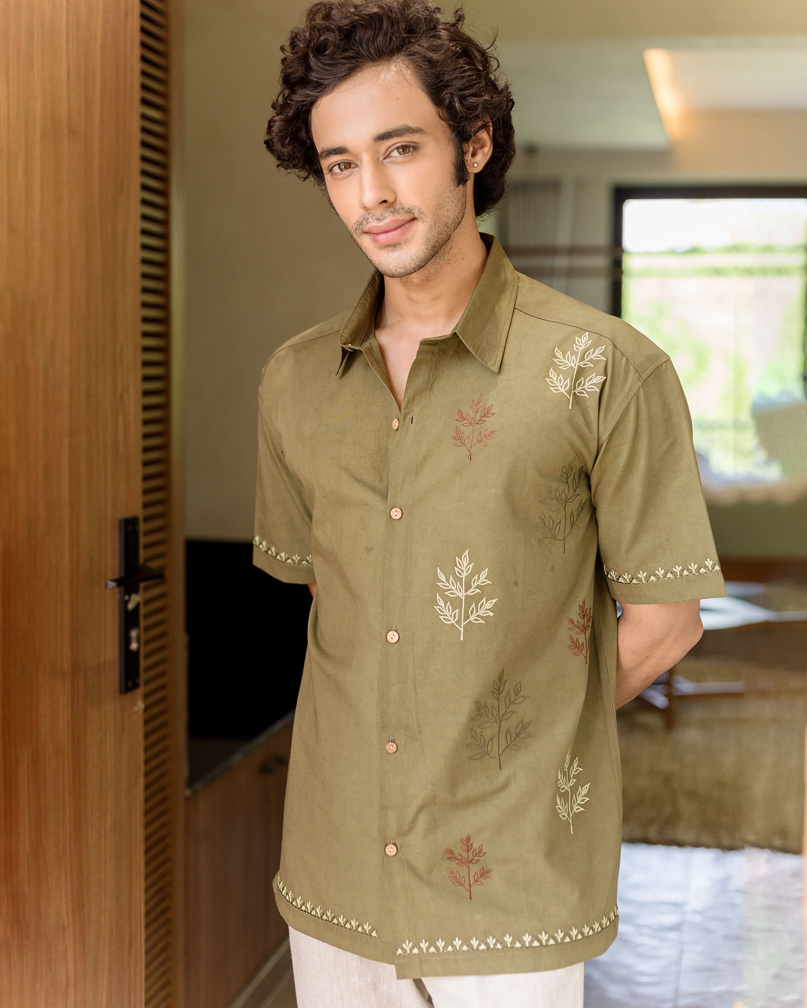 Dex Olive Embroidered Cotton Shirt - Image 3