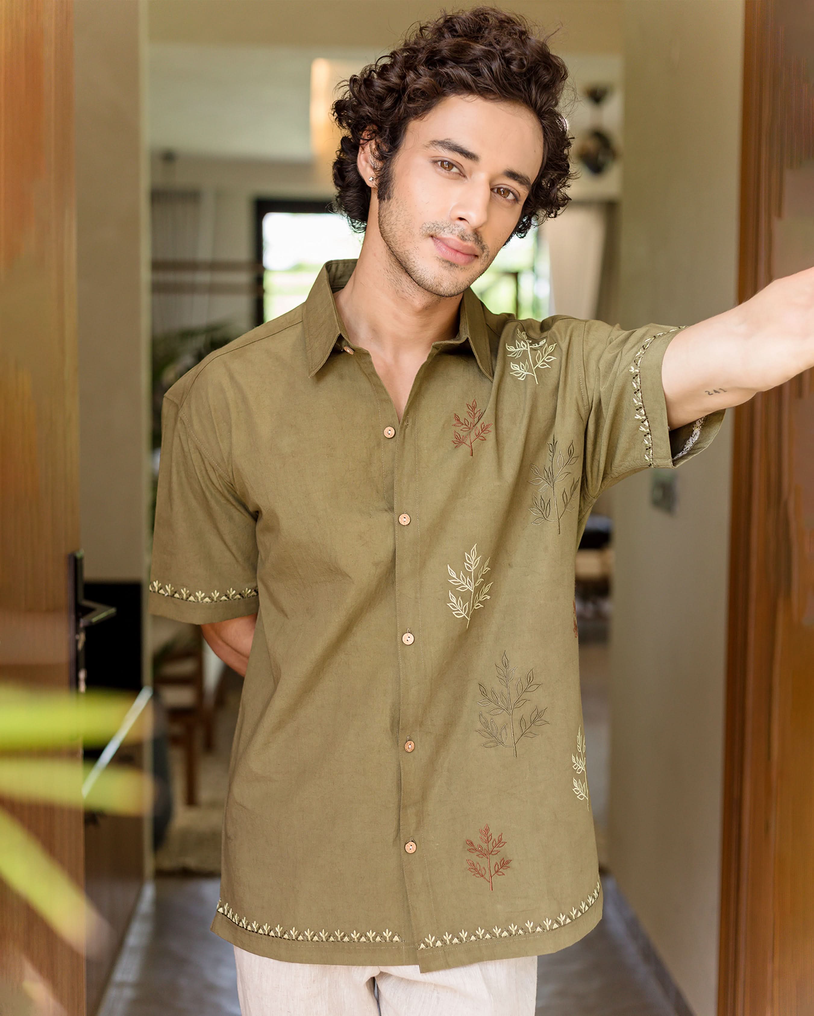 Dex Olive Embroidered Cotton Shirt - Image 5