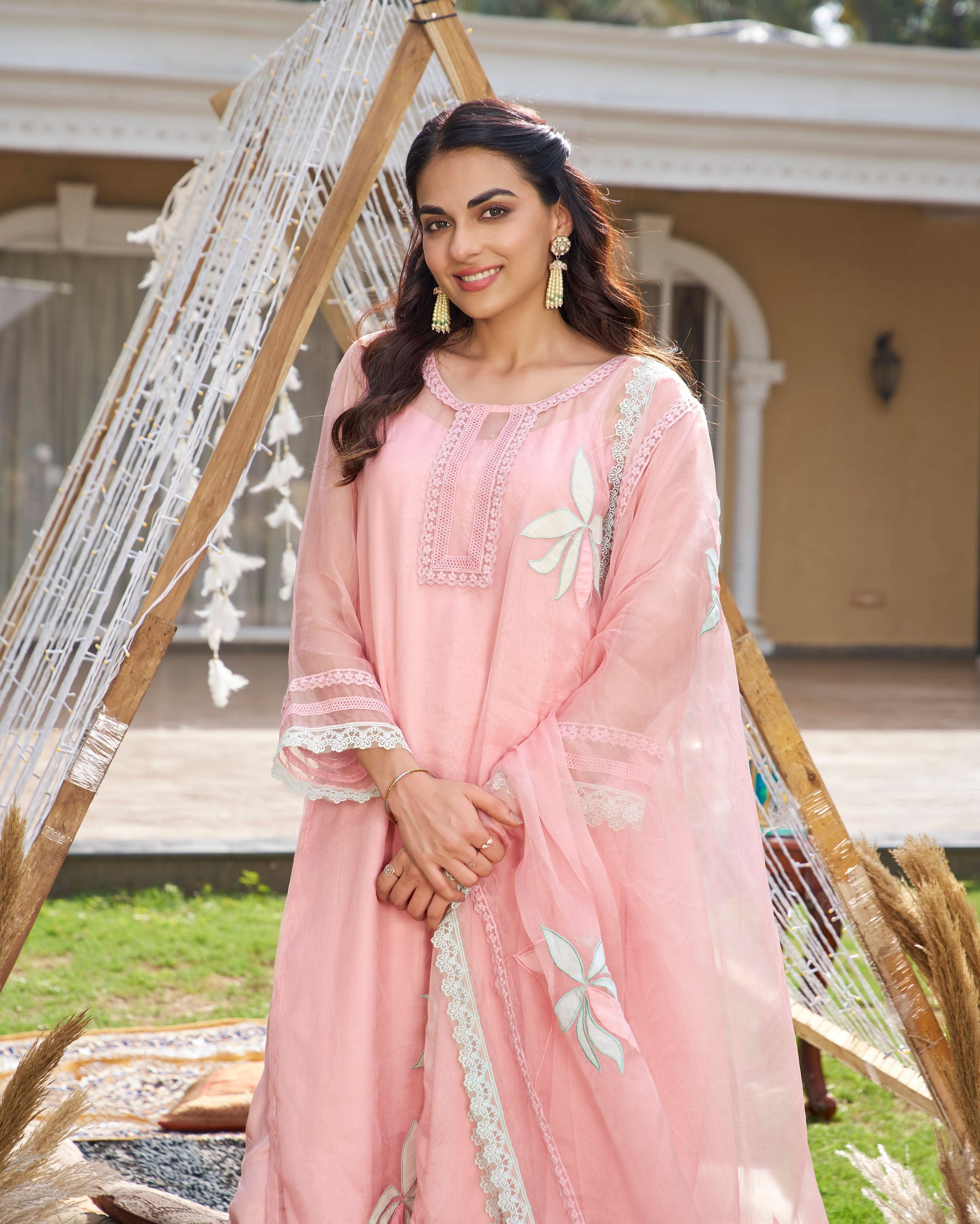 Disha Pink Applique Organza Kurta Set - Image 3