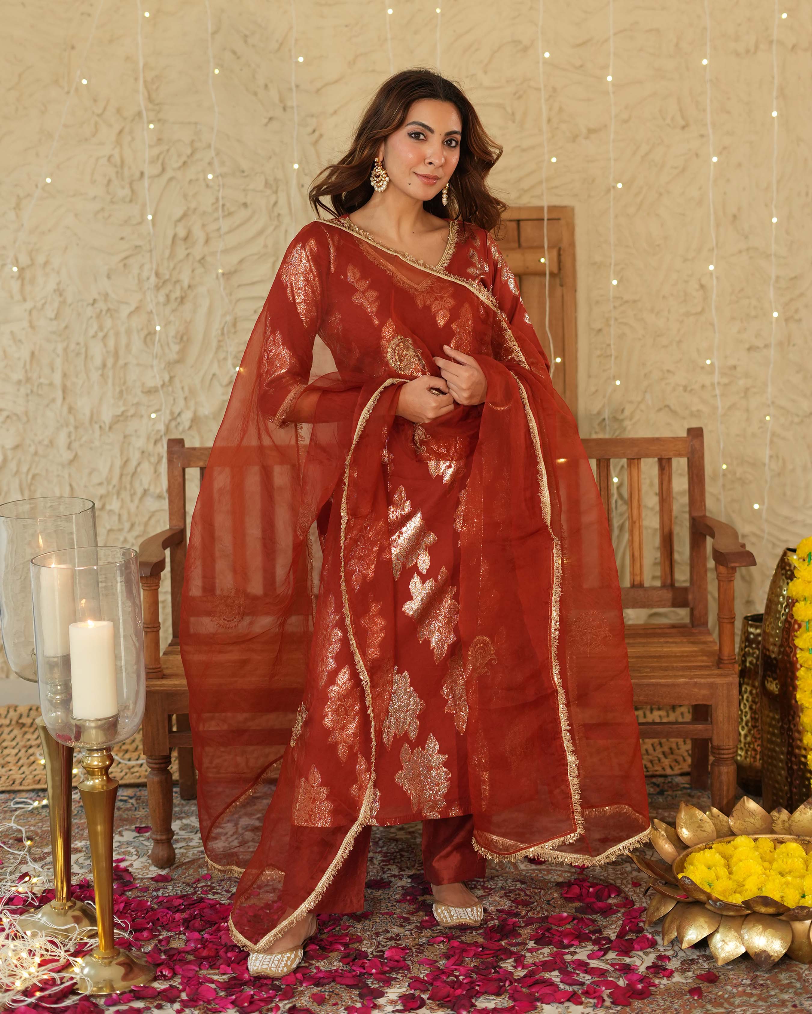 Diya Orange Jacquard Suit Set - Image 4
