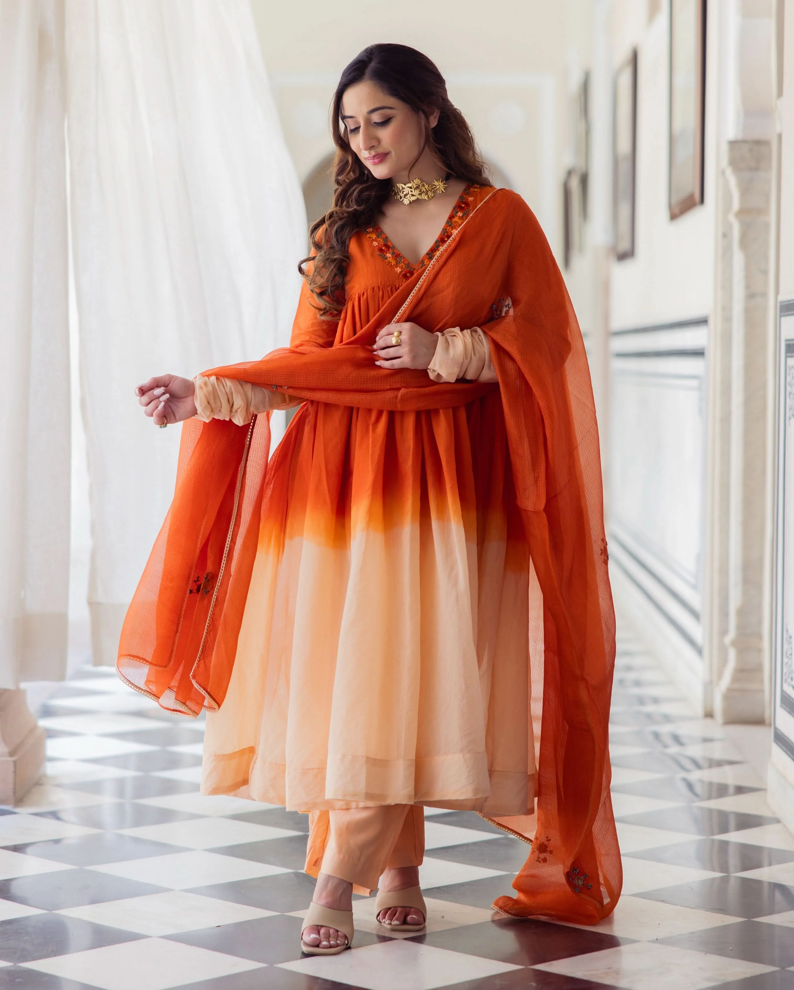 Drape Orange Ombre Embroidered Chanderi Suit Set - Image 2