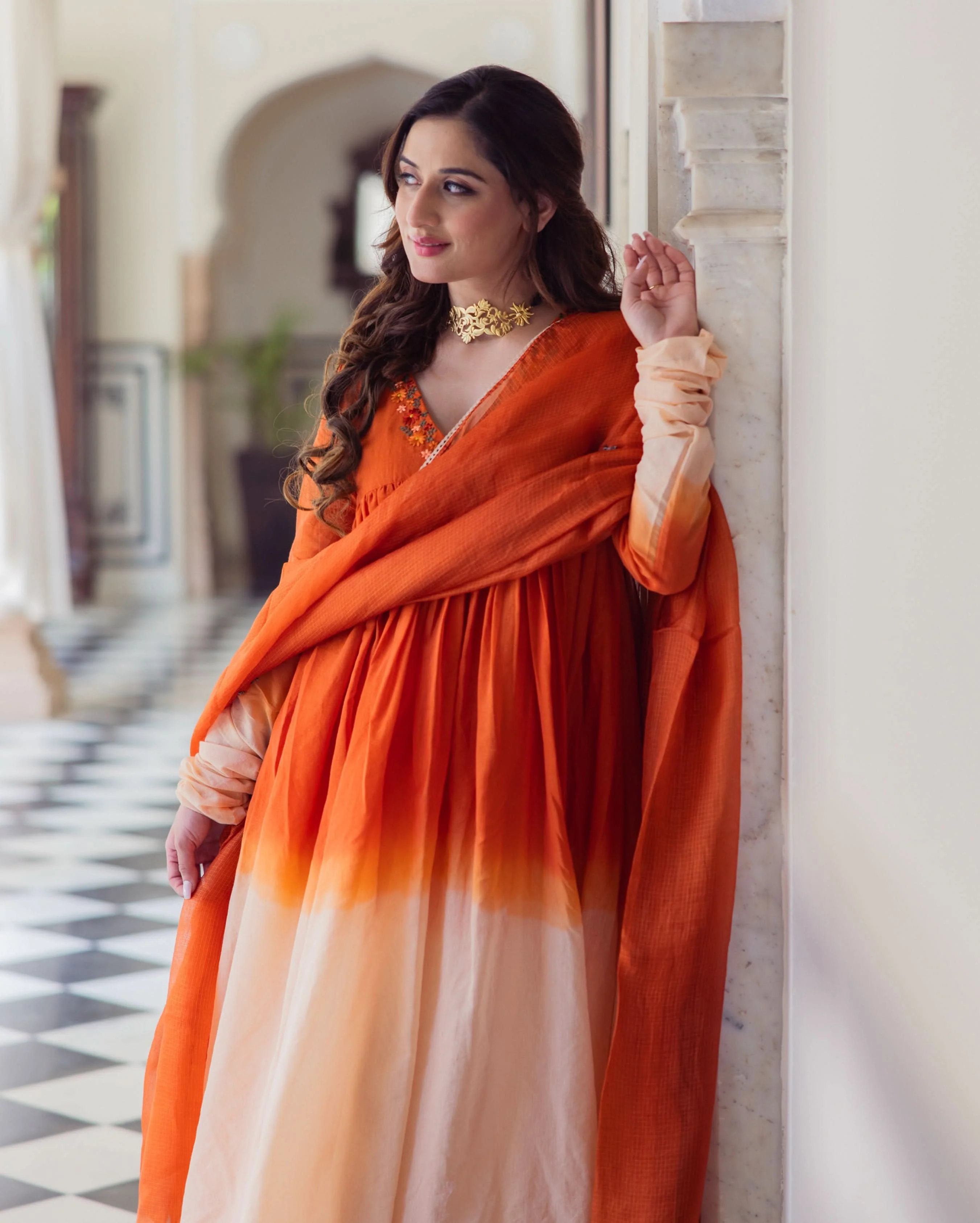 Drape Orange Ombre Embroidered Chanderi Suit Set - Image 6