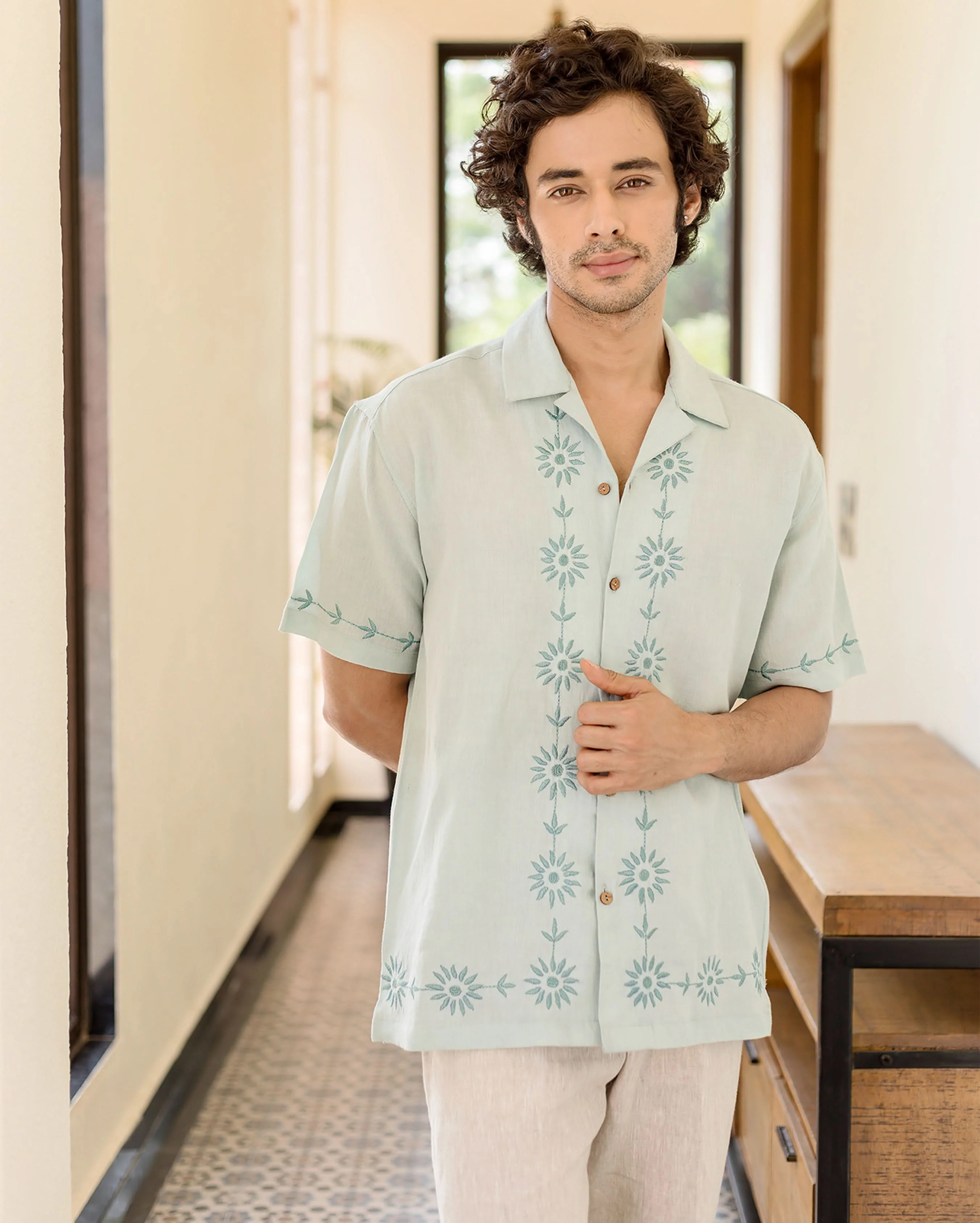 Drip Pastel Blue Embroidered Linen Shirt - Image 3